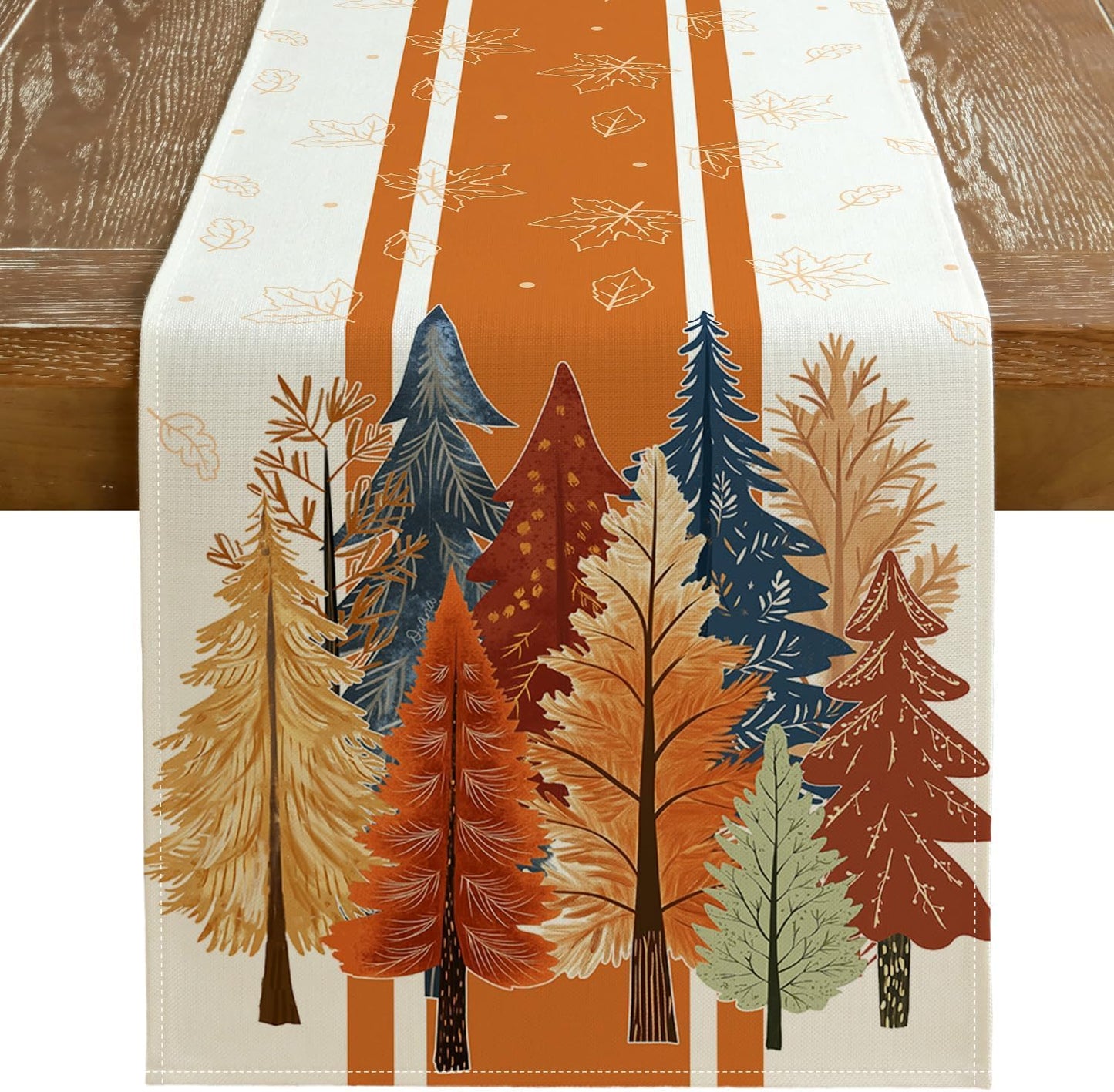GEEORY Fall Watercolor Trees & Maple Leaves Striped Table Runner 13x108 Inch, Rustic Farmhouse Autumn Thanksgiving Decor for Kitchen, Dining, Indoor/Outdoor Holiday Dinner Party Orange GT157-108