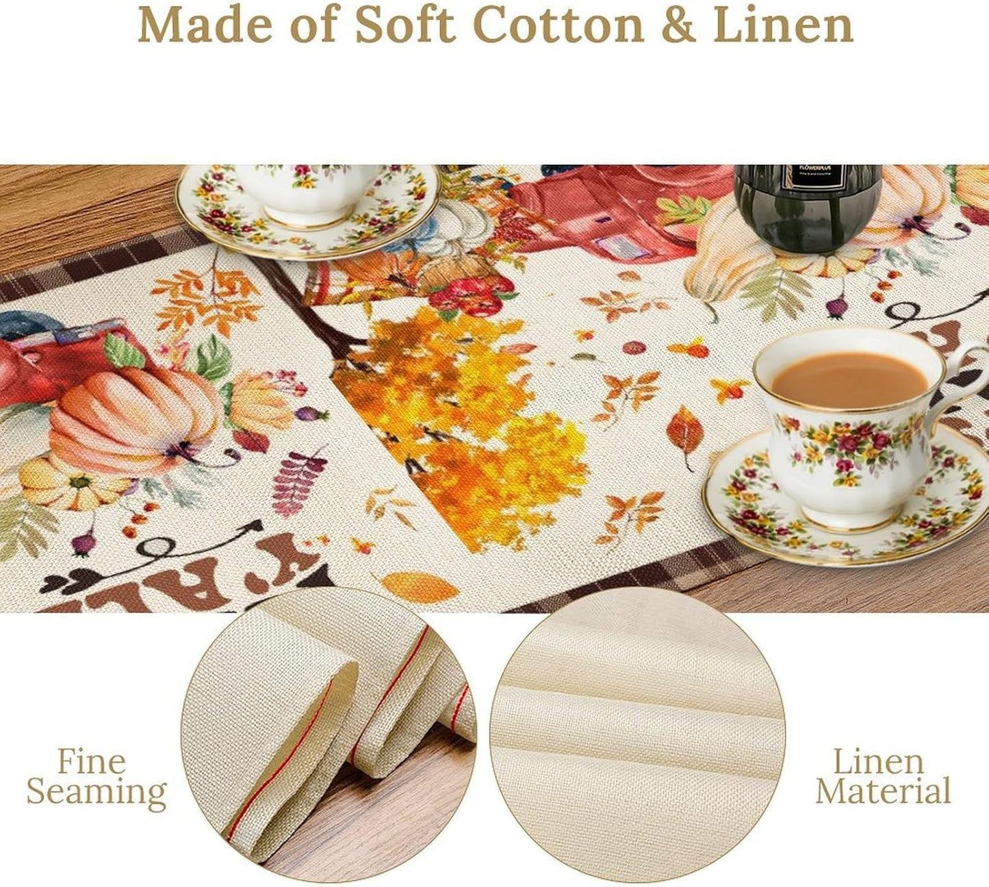 Fall Pumpkin Table Runner,Rustic Maple Yellow Leaf Trees Truncks Brown Plaid Tablecloth Burlap for Hotel Indoors Outdoor Dining Room Kitchen Home Decor,W13X L80 in