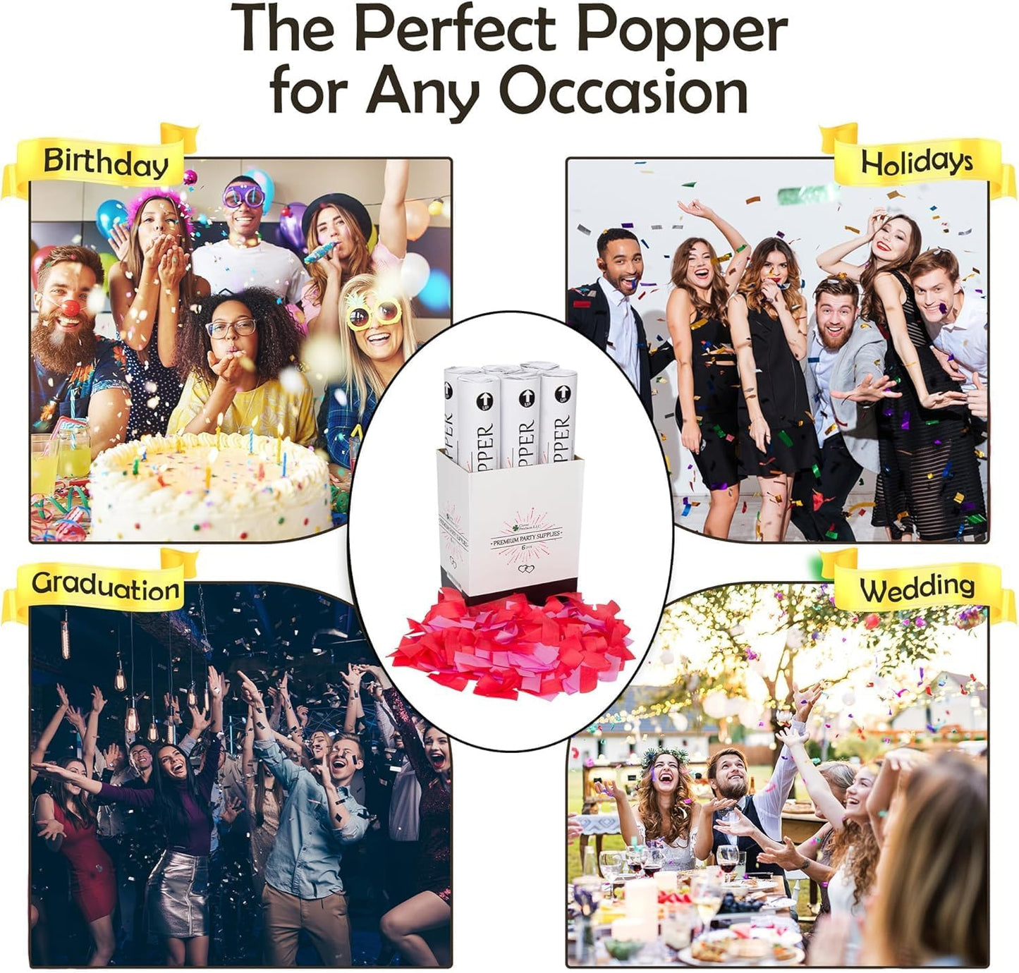 Clover Products 12" Biodegradable Confetti Cannons | 6 Pack | Red & Pink Poppers for Weddings, Birthdays & Events | Air-Powered, Safe & Easy to Use | Shoots 25 Feet for Indoor & Outdoor Celebrations