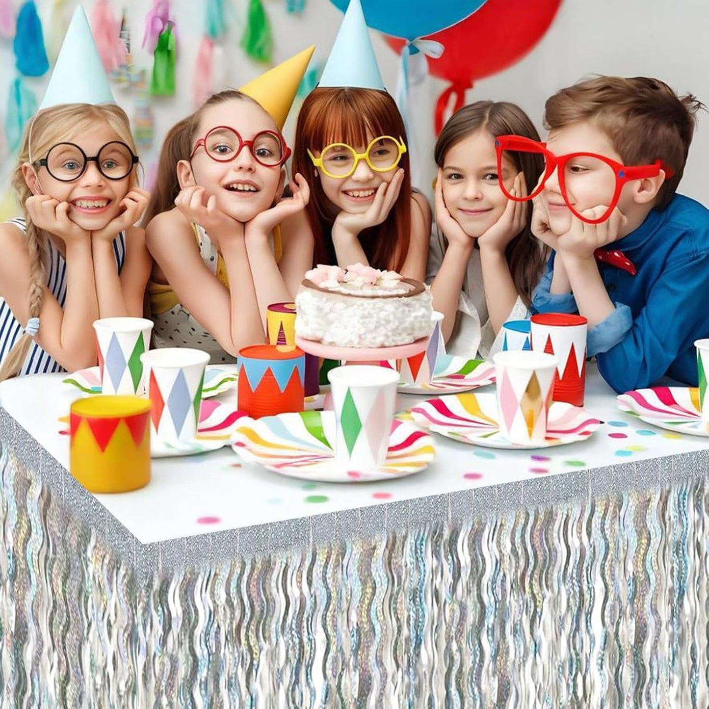 6 Pack 29x108 Inch Silver Wave Foil Fringe Table Skirts Metallic Banner for Tinsel Streamer Garland Backdrop for Parade Floats Mother's, Graduate, Mardi Gras, Birthday, Wedding Party Decorations