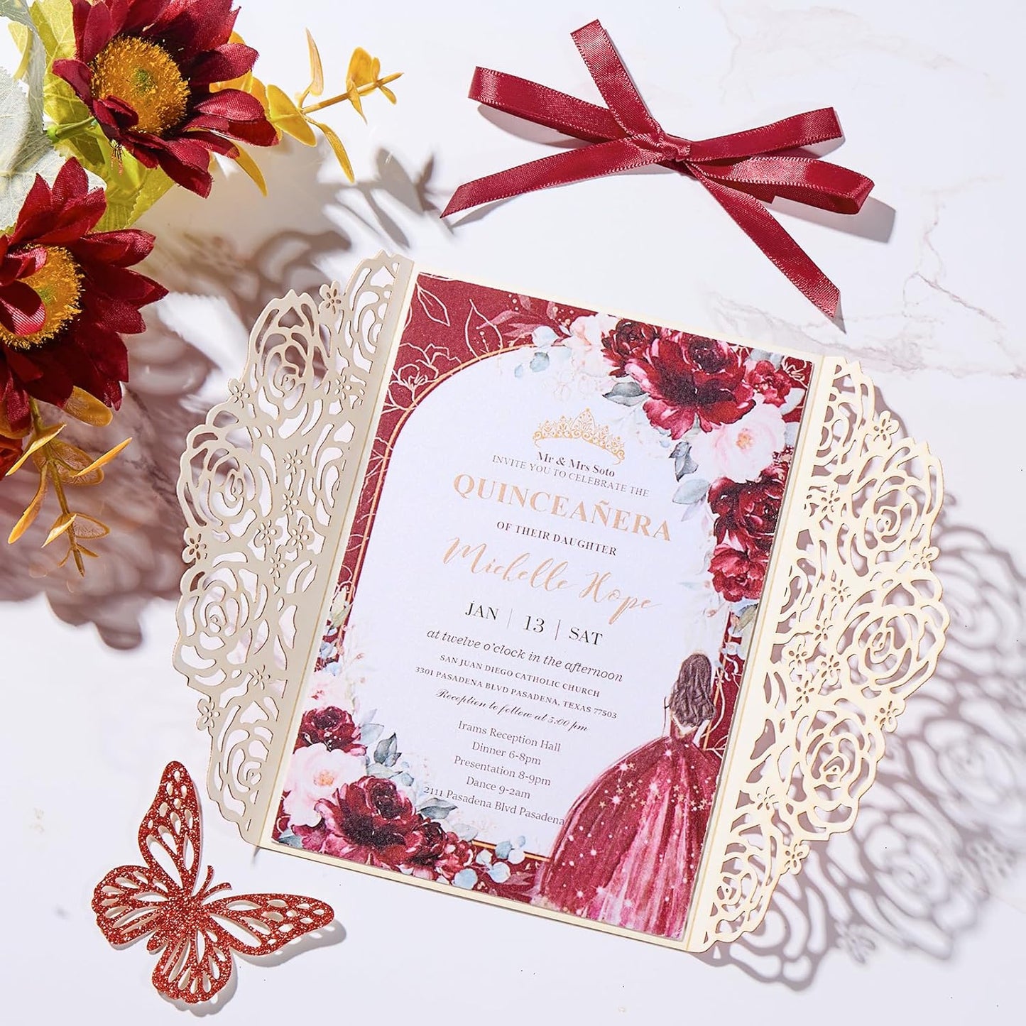 50pcs Burgundy Glitter Wedding Invitation Butterfly Rose Laser Cut Invitation Sleeve with Personalized Invitations Card, White Envelopes, for Wedding Bridal Shower Engagement (Default Blank Card)