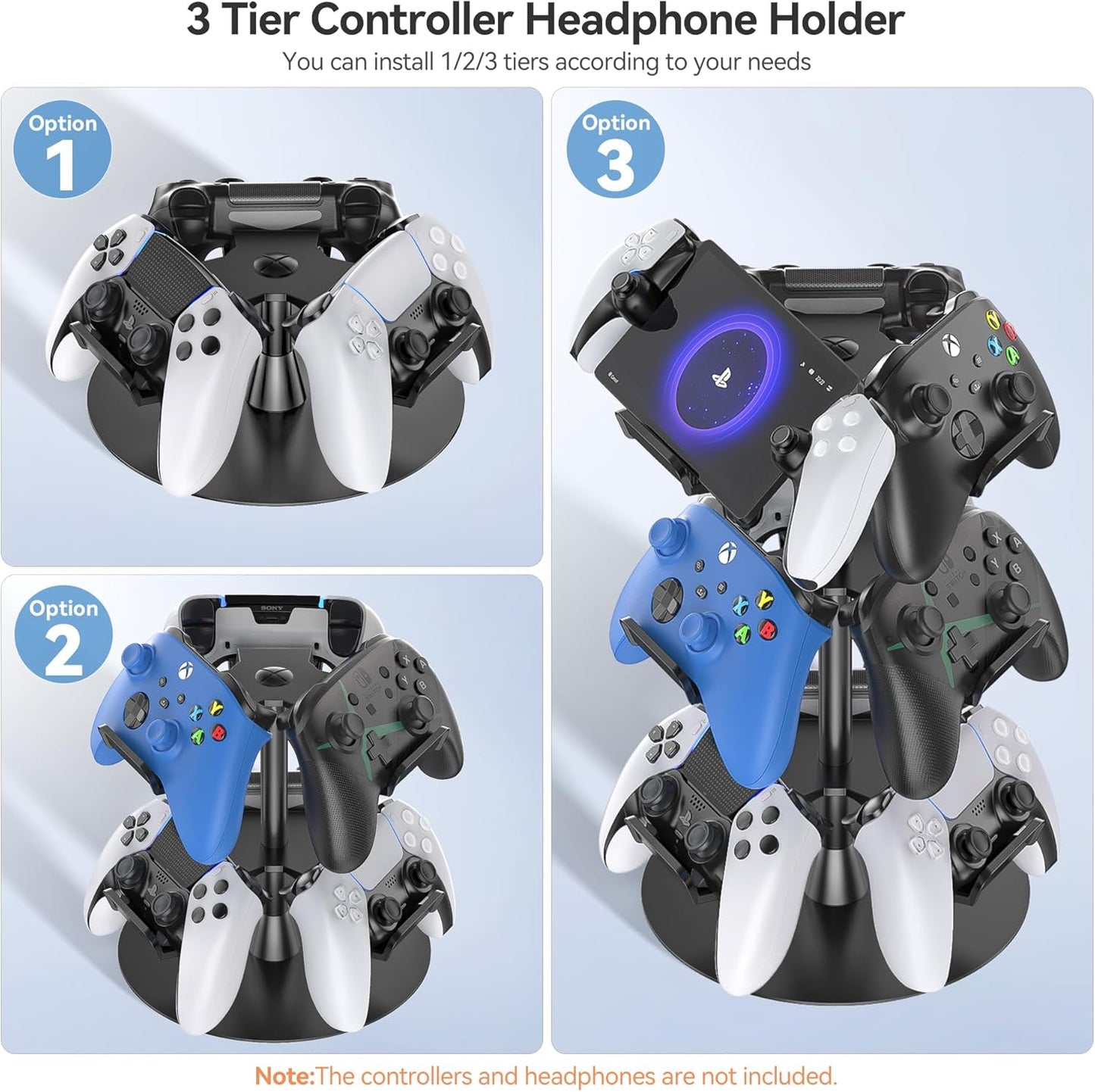 Headset Stand 3 Tiers for Desk, Rotatable Gaming Controller Stand for PS5/PS4/Xbox/Switch2/PS Portal/Phone, Universal PC Gamer Gift Accessory Controller/Headphone Holder for 9 Packs Controller