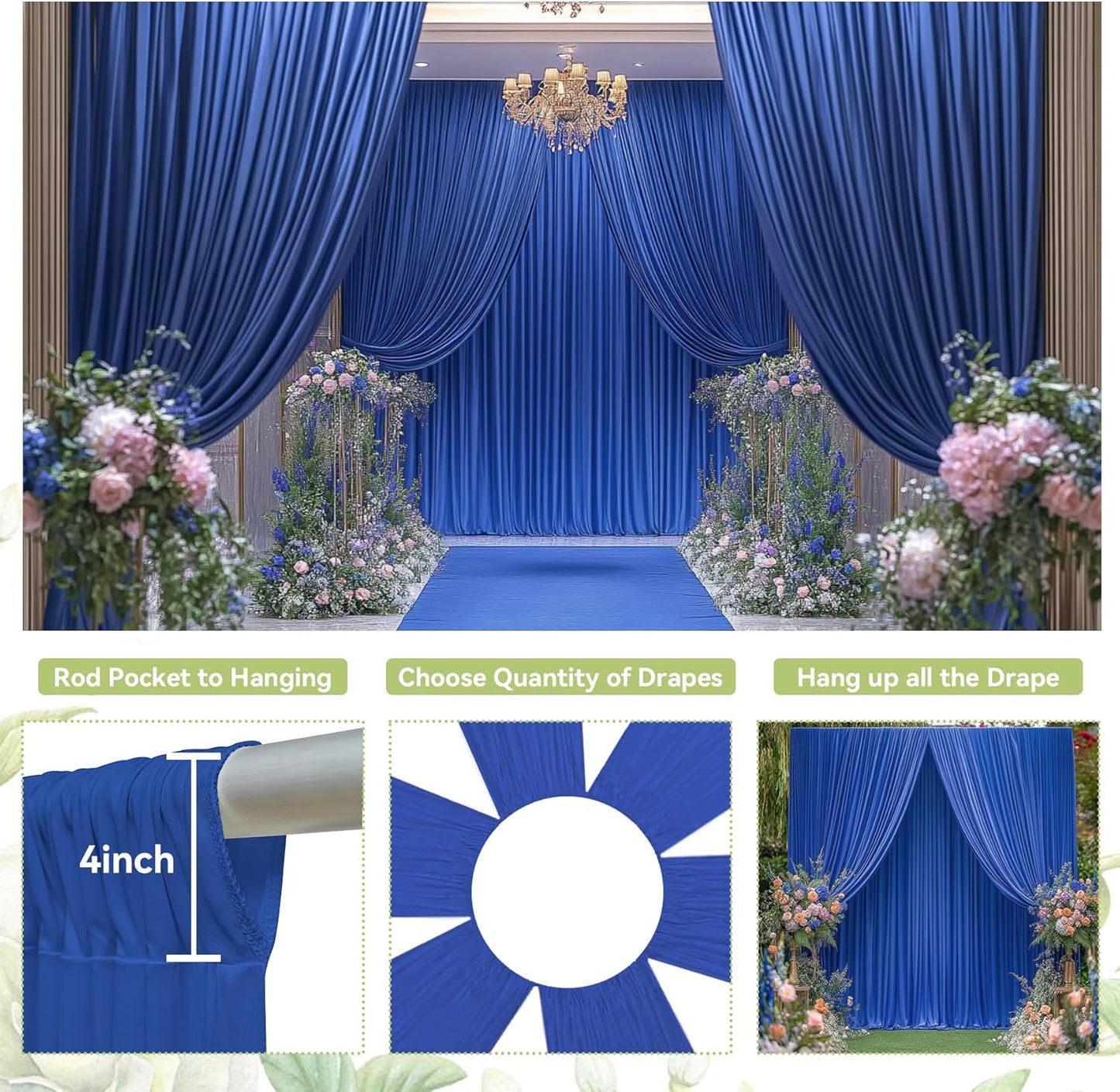 PartyVillage 10ft×15ft Royal Blue Backdrop Curtain for Wedding Parties, 2 Panels Wrinkle Free 15 FT Long Polyester Photo Backdrop Drapes Back Drop Cloth for Birthday Photography Background