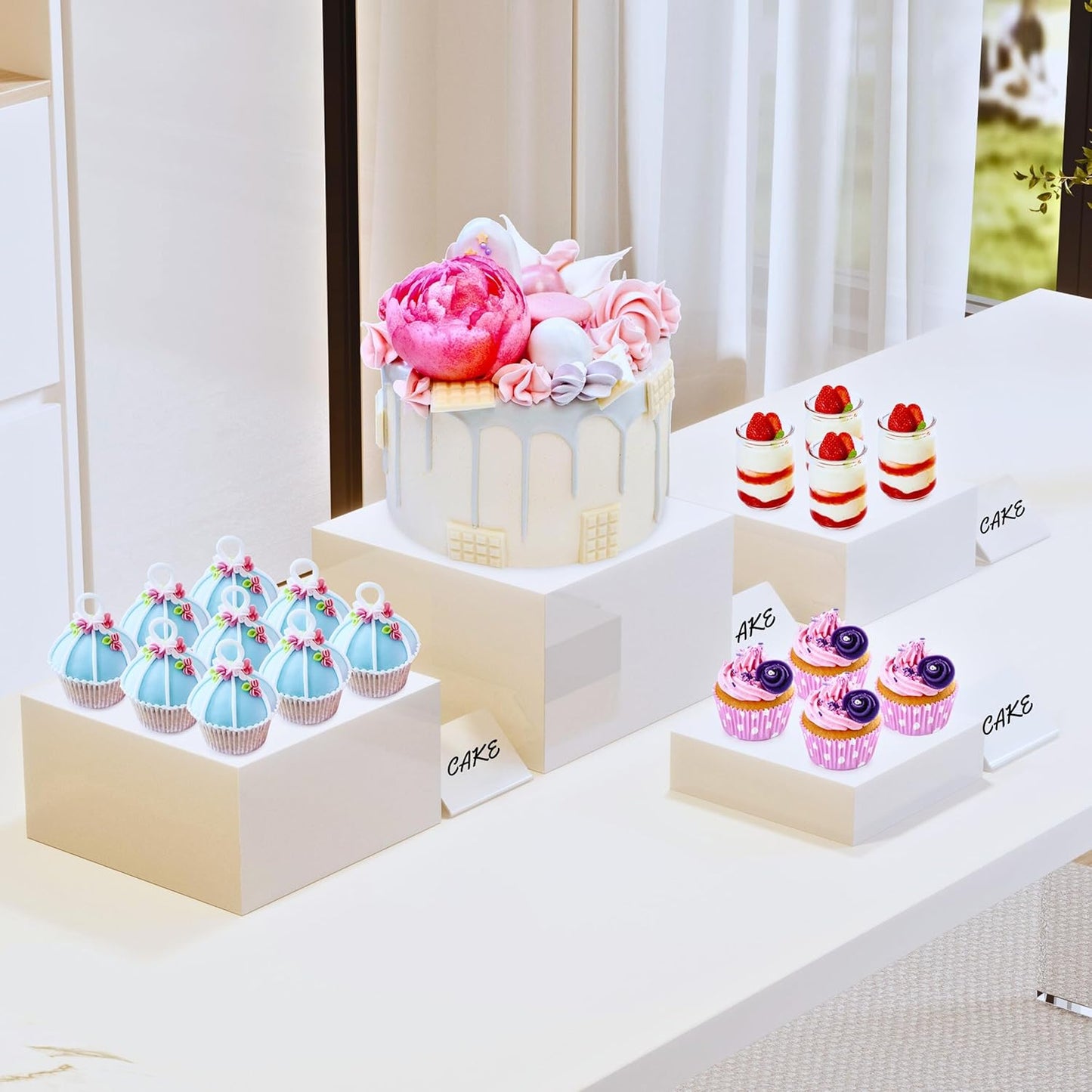 10” Large Buffet Risers with Mini Signs, Table Risers, Buffet Risers and Stands, Acrylic Cube Display Box Riser for Catering Party Buffet Table Food Display, Dessert, Cakes - White, Set of 4 Boxes