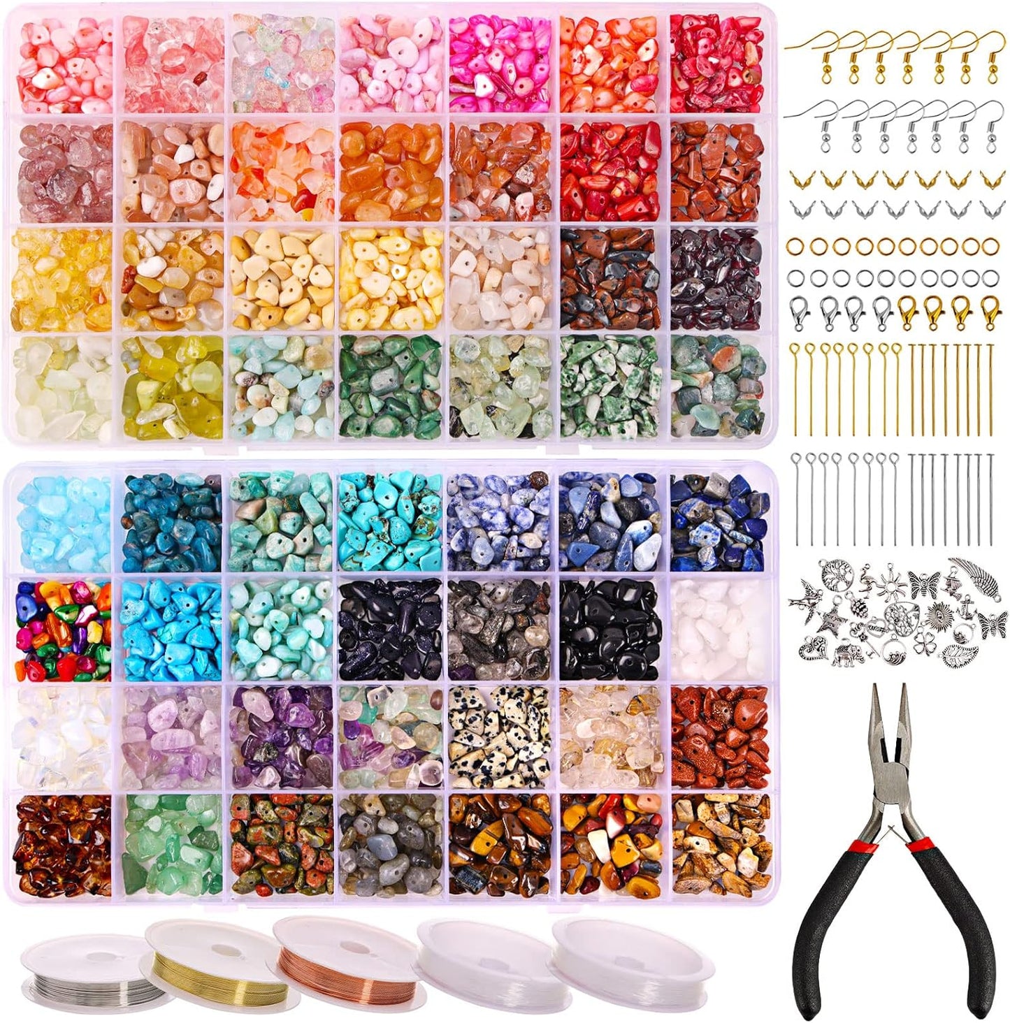 QUEFE 1800pcs 56 Colors Crystal Beads, Ring Making Kit, Gemstone Chip Beads Irregular Natural Stone with Jewelry Making Supplies for DIY Craft Bracelet Necklace Earrings, Craft Gifts