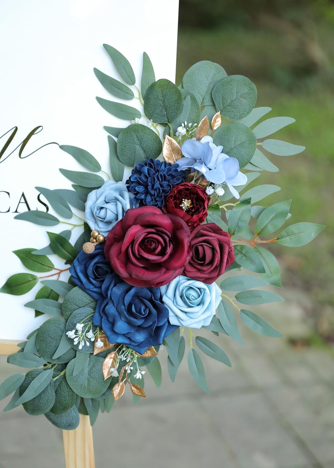Artificial Navy Blue and Burgundy Wedding Arch Flower Swags Set of 2 for Welcome Signs, Reception and Ceremony Decorations - Navy Blue Floral Decor