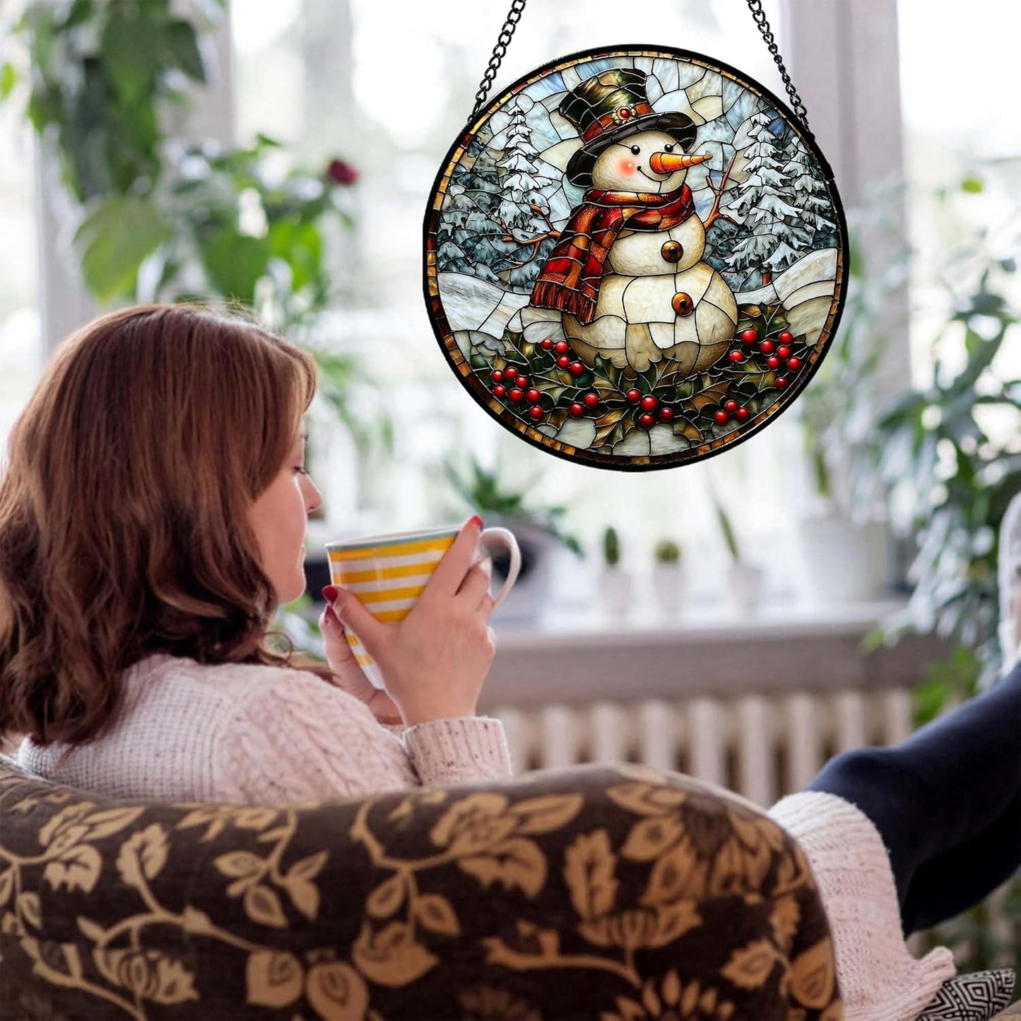 Stained Glass Window Hanging - Christmas Snowman Suncatcher for Door Terrace Garden Home Decor Winter Forest Snow Sun Catcher Birthday Gifts for Lovers Women Men Dad Mom Nana 7.8 in