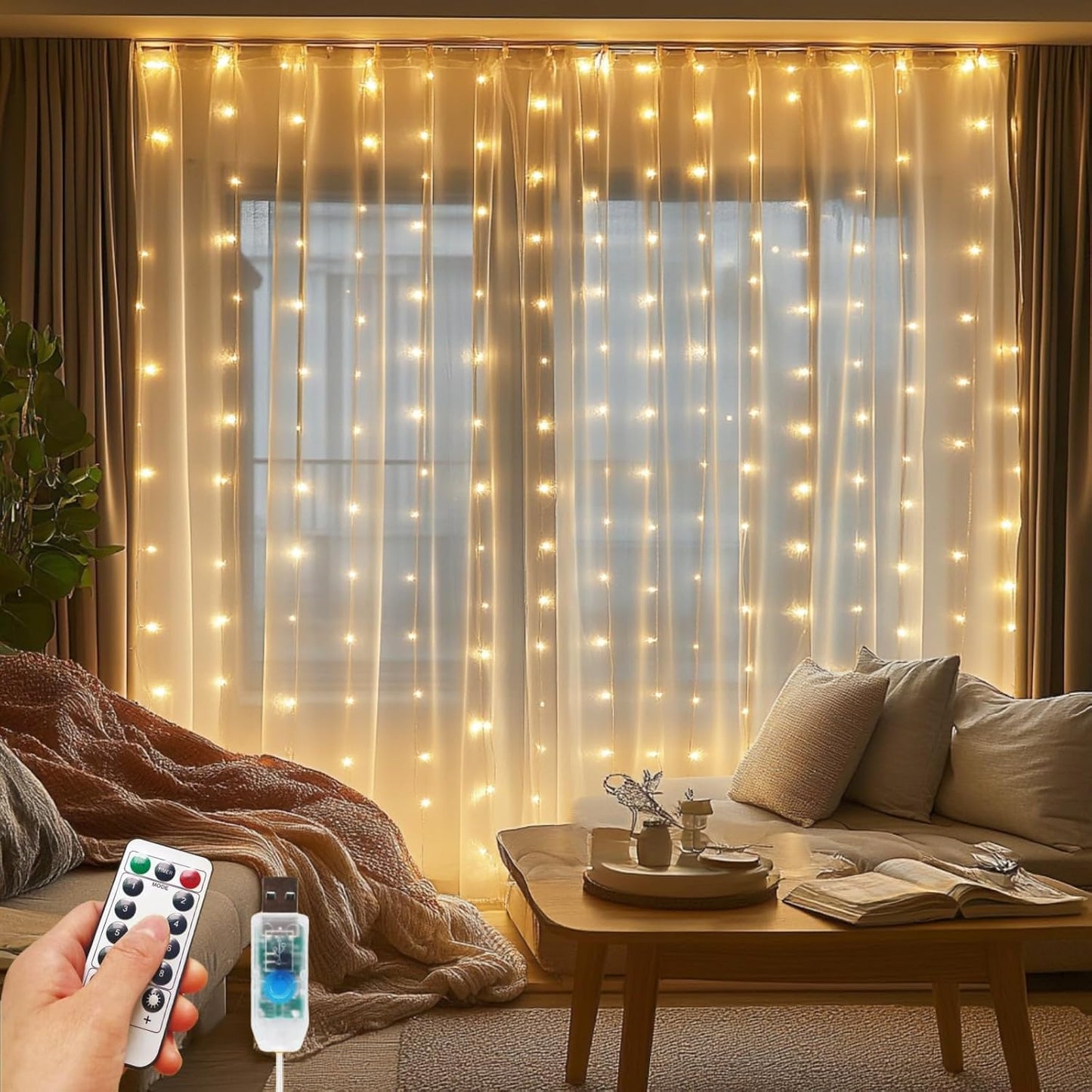 Fairy Curtain Lights, 300 LED Upgraded Tangle-Free Hanging Lights with Remote, USB Plug in String Lights for Bedroom Wall Window Wedding Party Xmas Home Décor - 9.8 x 9.8 Ft, Warm White