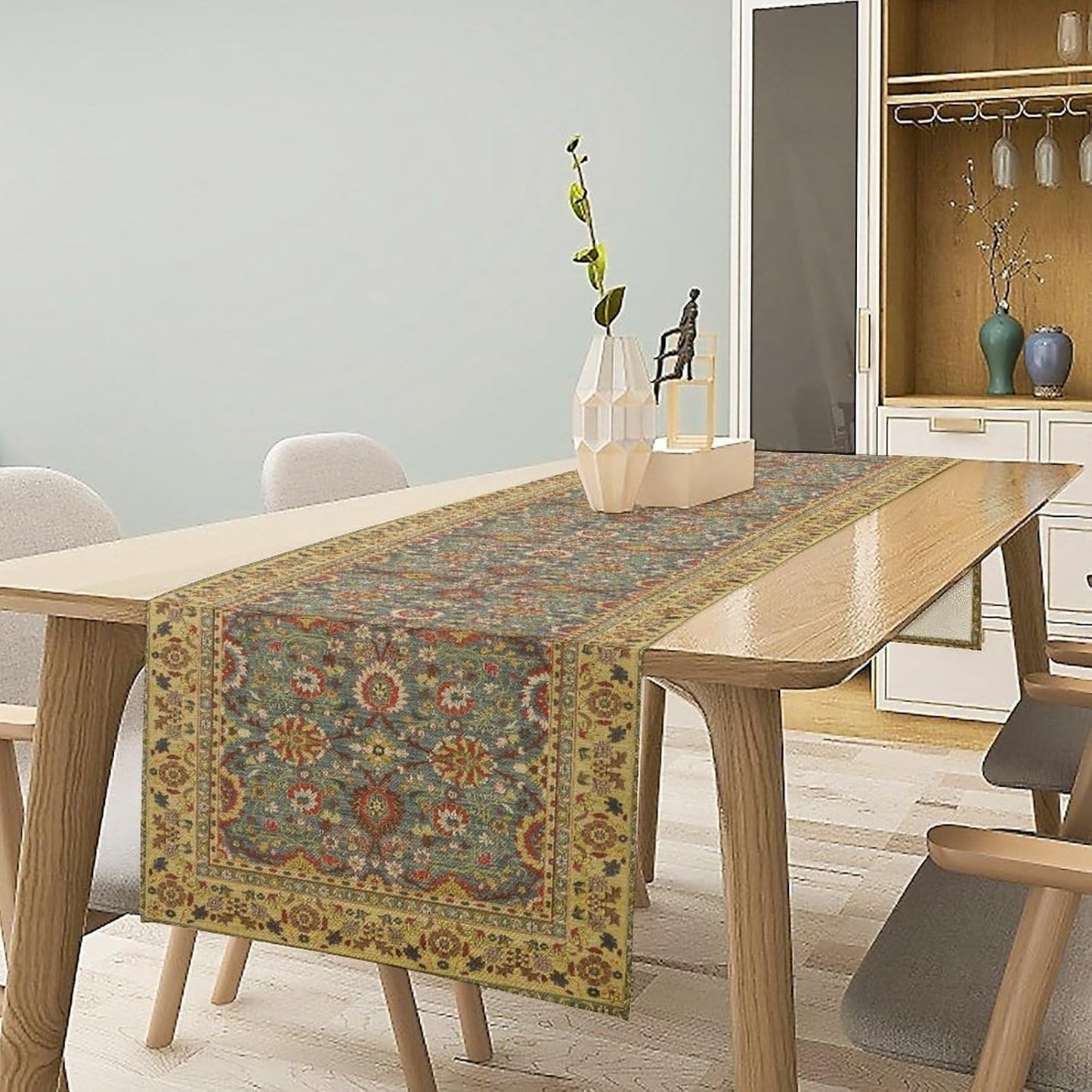 Boho Floral Vintage Beige Blue Table Runner, Retro Flower Rustic Country Farmhouse Abstract Pattern for Home Kitchen Table Decor Dining Coffee Room Party Decor 13x108in