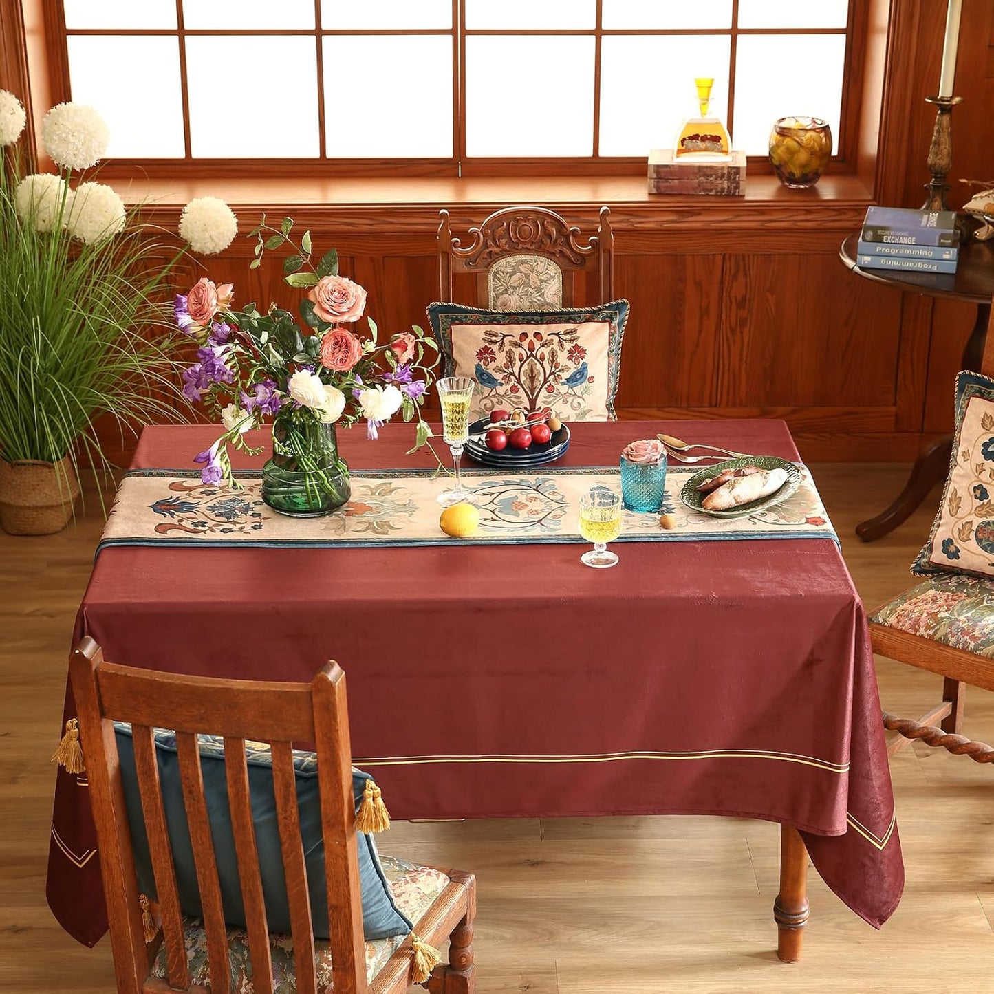 patdrea Designer Casual Wild Floral Velvet Table Runner 118 Inch Long, Brown Occult Bouquets Pattern Table Mat, Decoration for Kitchen Dining Coffee Table Cabinet Banquet Thanksgiving,12"*118"