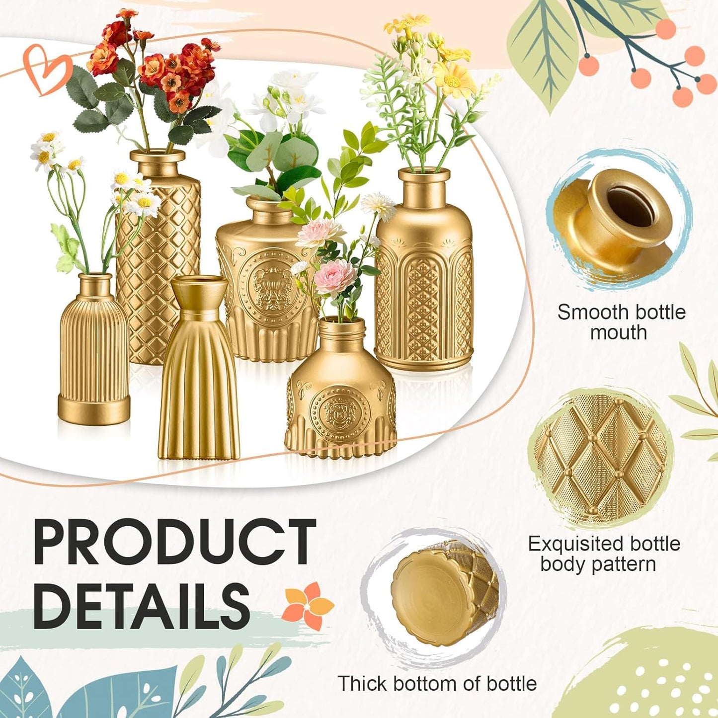 Yaomiao 30 Pcs Vases Bulk Colored Flower Glass Vases Bud Vintage Colored Glass Bottles Colorful Rustic Embossed for Home Wedding Table Decorations Gifts(Gold Series)