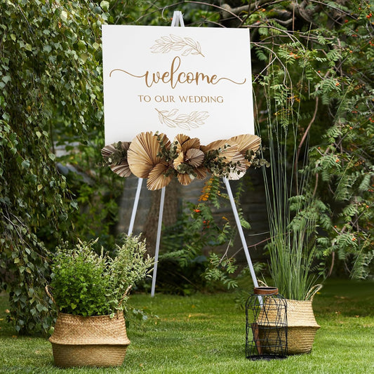 NianFeng Wooden Easel Stand for Sign, Easel Display Stand Floor for Wedding Sign with Adjustable Tray, 63-Inch, Tripod A-Frame Poster Light Duty, Welcome, Art Show & Baby Shower (White)