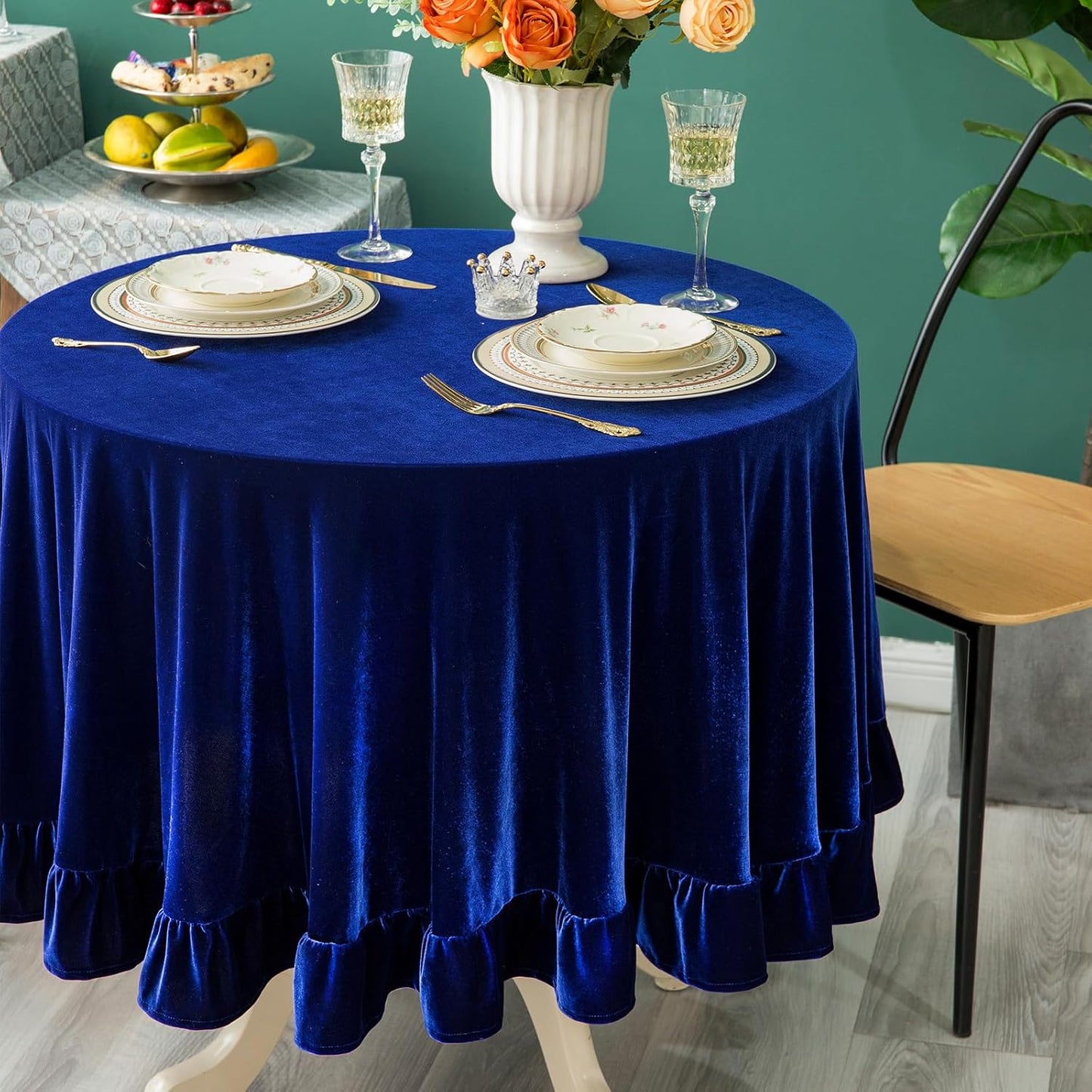 Velvet Tablecloth Luxurious Solid Round Table Cloth,Oblong Retro Farmhouse Ruffle Tablecloths Washable Table Cover for Party Wedding Baby Shower Kitchen Dinning Tabletop Decoration