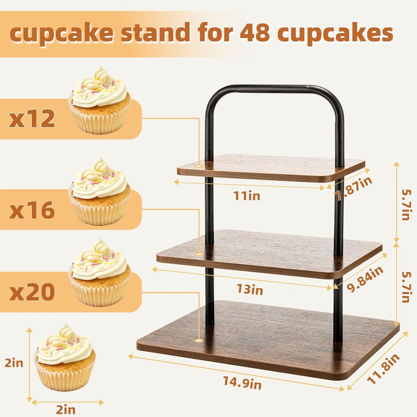 Wooden Cupcake Stand, 3 Tier Large Cupcake Tower Stand 50 Cupcakes, Dessert Tiered Tray Stand for Party, Wedding, Birthday, Halloween, Farmhouse Decor