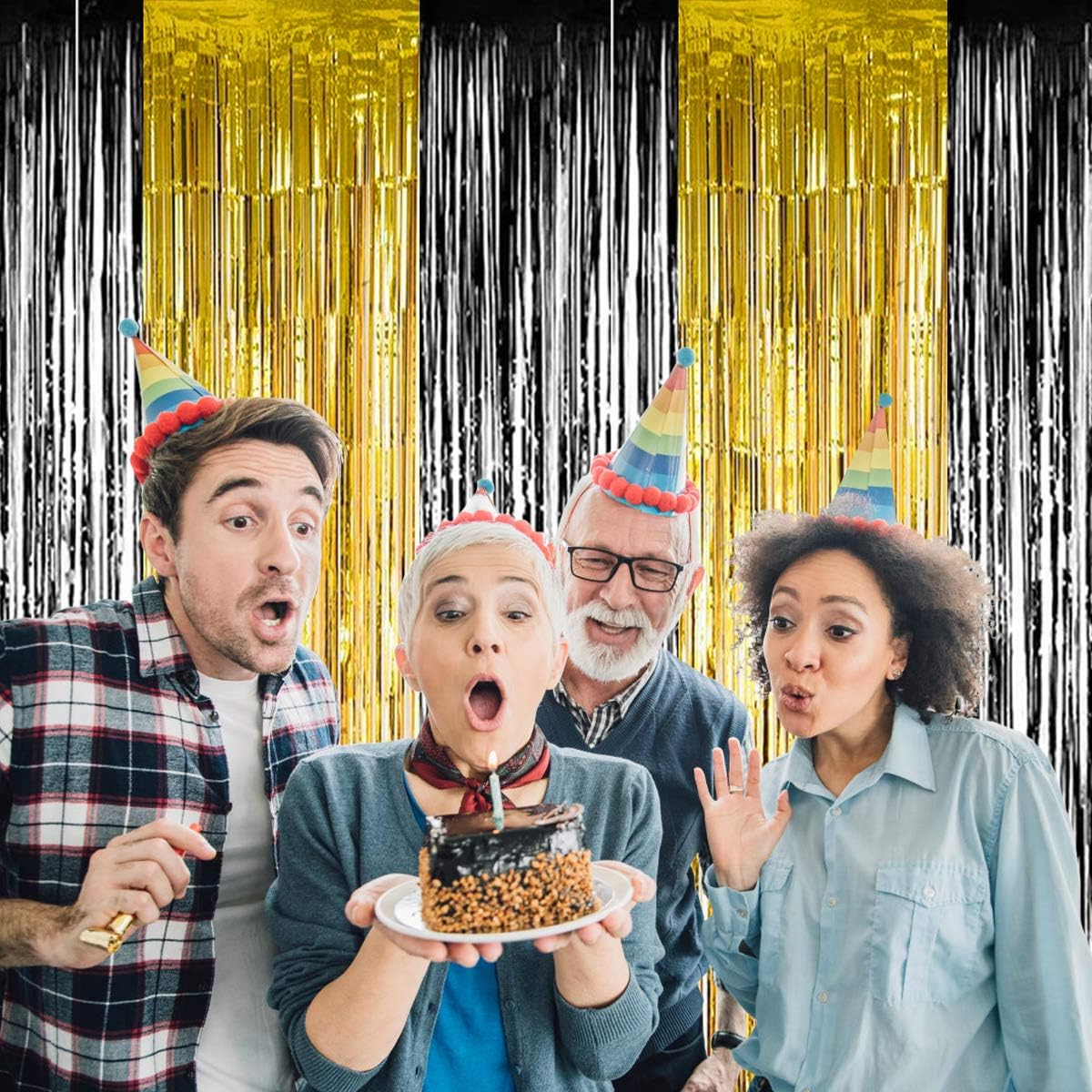BTSD-home 4 Pack Black Gold Metallic Foil Fringe Curtain Tinsel Streamer Party Decorations Photo Booth Backdrop for Bachelorette Birthday Halloween