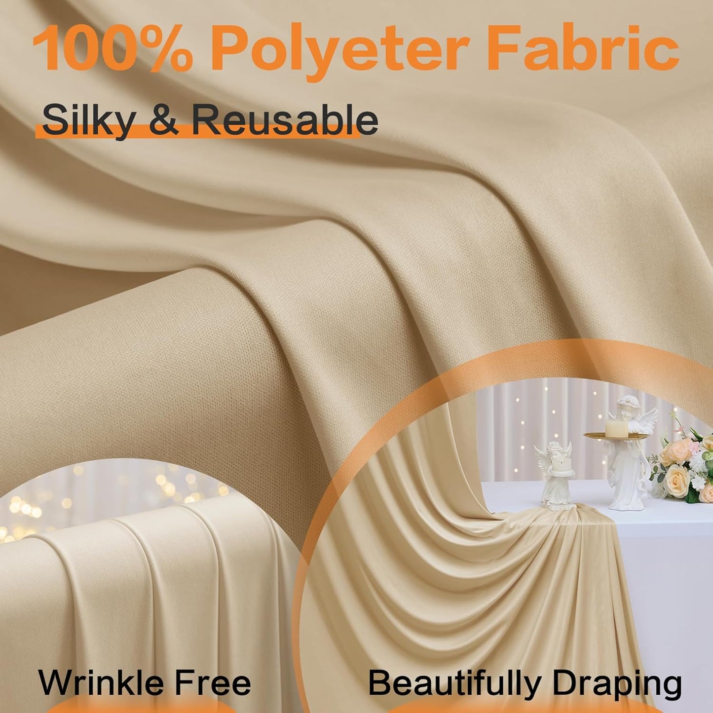 50ft x 15ft Beige Wrinkle Free Backdrop Curtains for Parties,Silky Polyester Fabric Wedding Ceiling Drapes, 10 Panels 15ft Photo Back Drop Drapes for Baby Shower Photography Stage Background Cloth