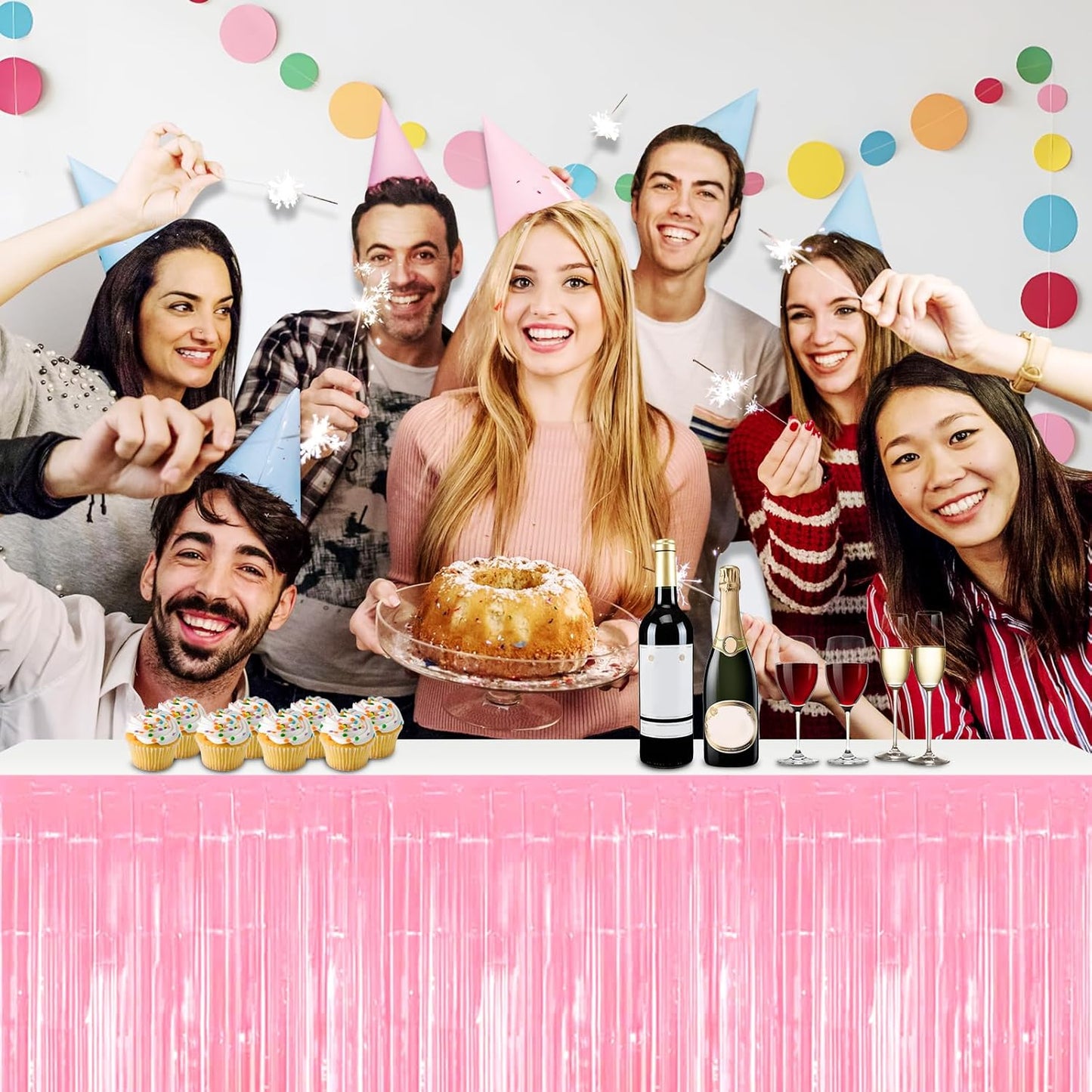 3 Pack 29x108 Inch Macaron Pink Foil Fringe Table Skirts Metallic Banner for Tinsel Streamer Garland Backdrop for Parade Floats Wedding Thanksgiving Birthday Christmas Halloween Party Decoration