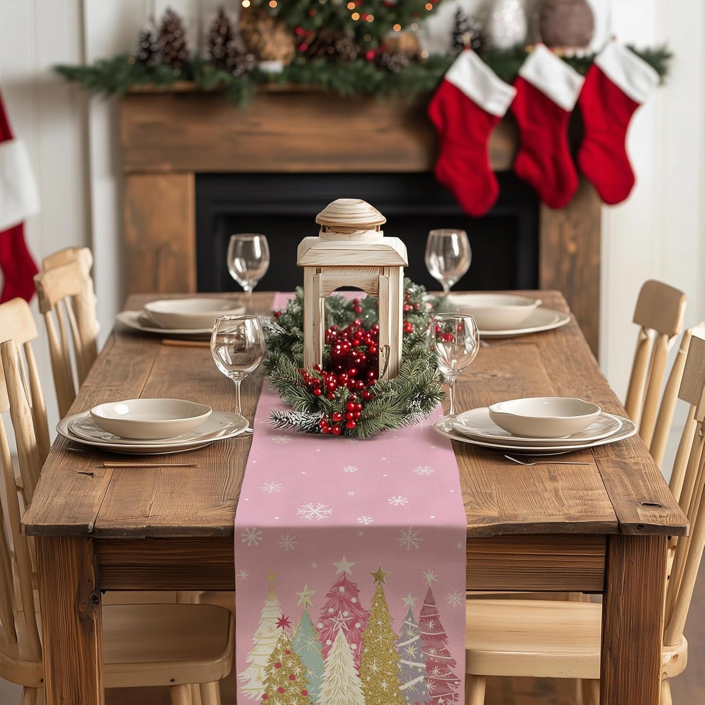 GEEORY Christmas Table Runner 13x48 Inch, Xmas Trees Snowflakes Holiday Decorative Farmhouse Table Decoration for Kitchen Dinning, Indoor Outdoor Dinner Party Decor (Pink) GT153-48