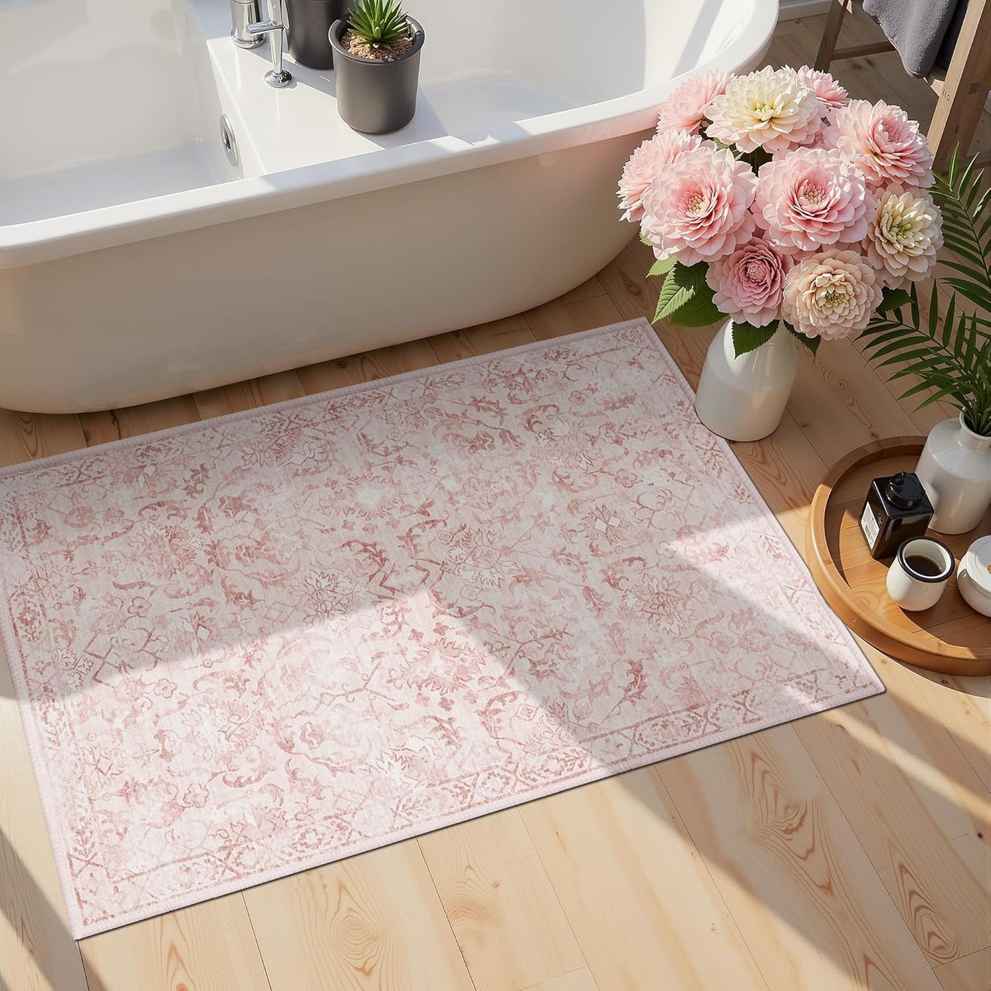 Pink Area Rug 2x3 Entryway Rug for Bedroom Bathroom, Non-Slip Low-Pile Washable Distressed Boho Carpet Retro Accent Doormat for Laundry Room Hallway Kitchen 24x36 Inch