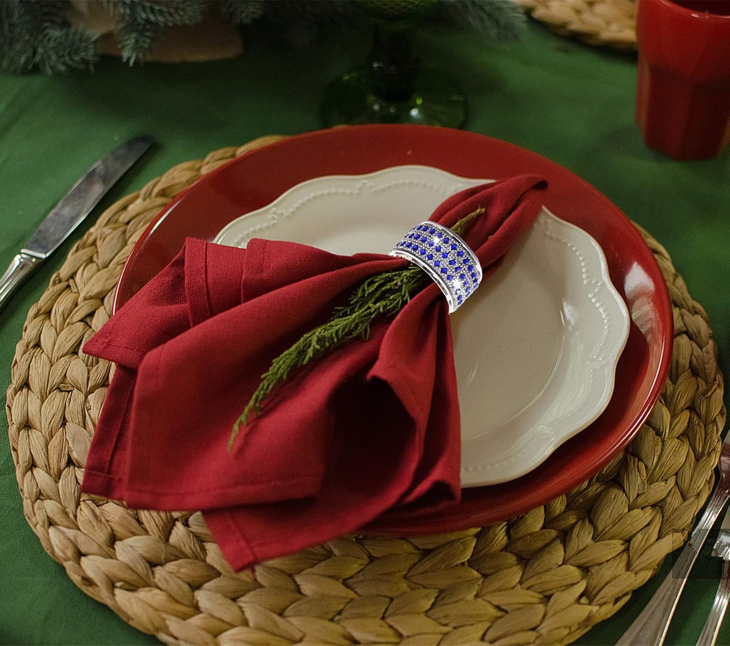 Rhinestone Napkin Ring Silver Diamond Napkin Rings Stainless Steel Blue Crystal Napkin Holder Set of 6 for Dinner,Wedding,Christmas Thanksgiving Holiday Party or Everyday Table Decoration