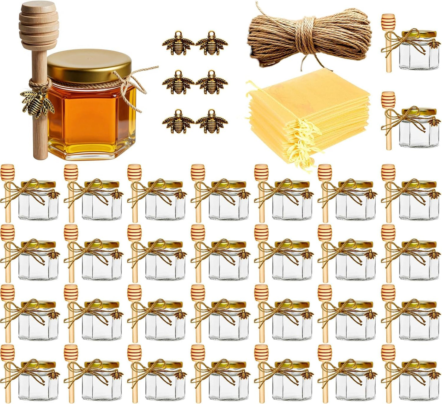 Adabocute Honey Pot, Mini Glass Honey Jars with Wood Dipper, Gold Lid, Bee Charms, Gold Organza Bags, Thank-you Tags, Ideal for Baby Showers Wedding Favors Party Favors, 2oz 30 Pack