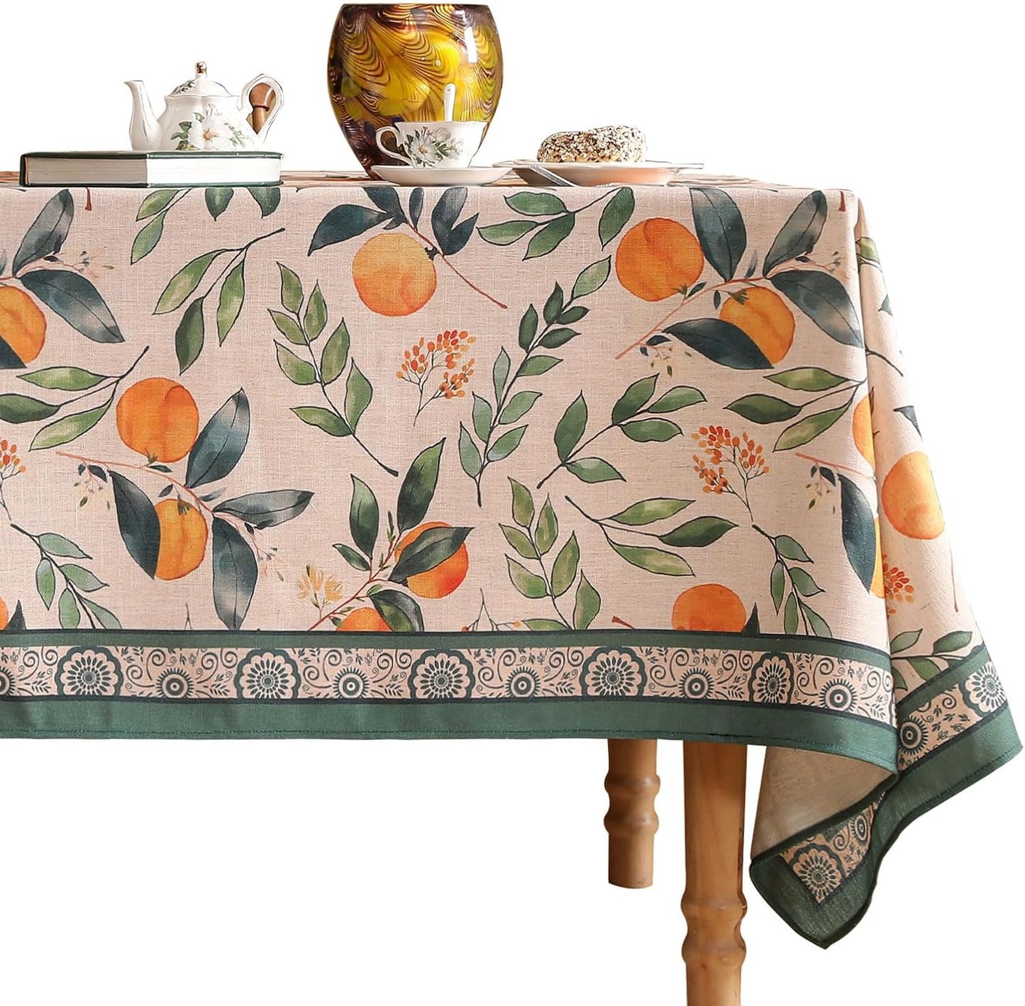 patdrea Designer Vintage Linen Rectangle Extra Long Table Cloth,Framhouse Oranges and Leaves Pattern French Tablecloth,Decor Cover for Kitchen Dining Christmas,Thanksgiving,63"x110"-Palladin a
