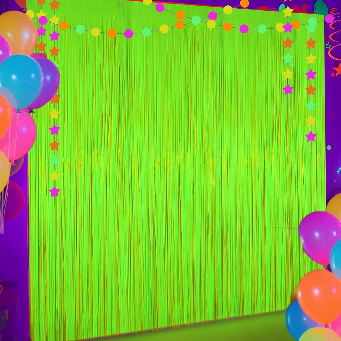 4 Packs Glow in The Dark Foil Fringe Curtain, Macaron Yellow Blacklight Reactive Fluorescent Tinsel Backdrop Neon Luminous Streamers for Birthday, Wedding, Neon Party, Glow Party Decorations Supplies