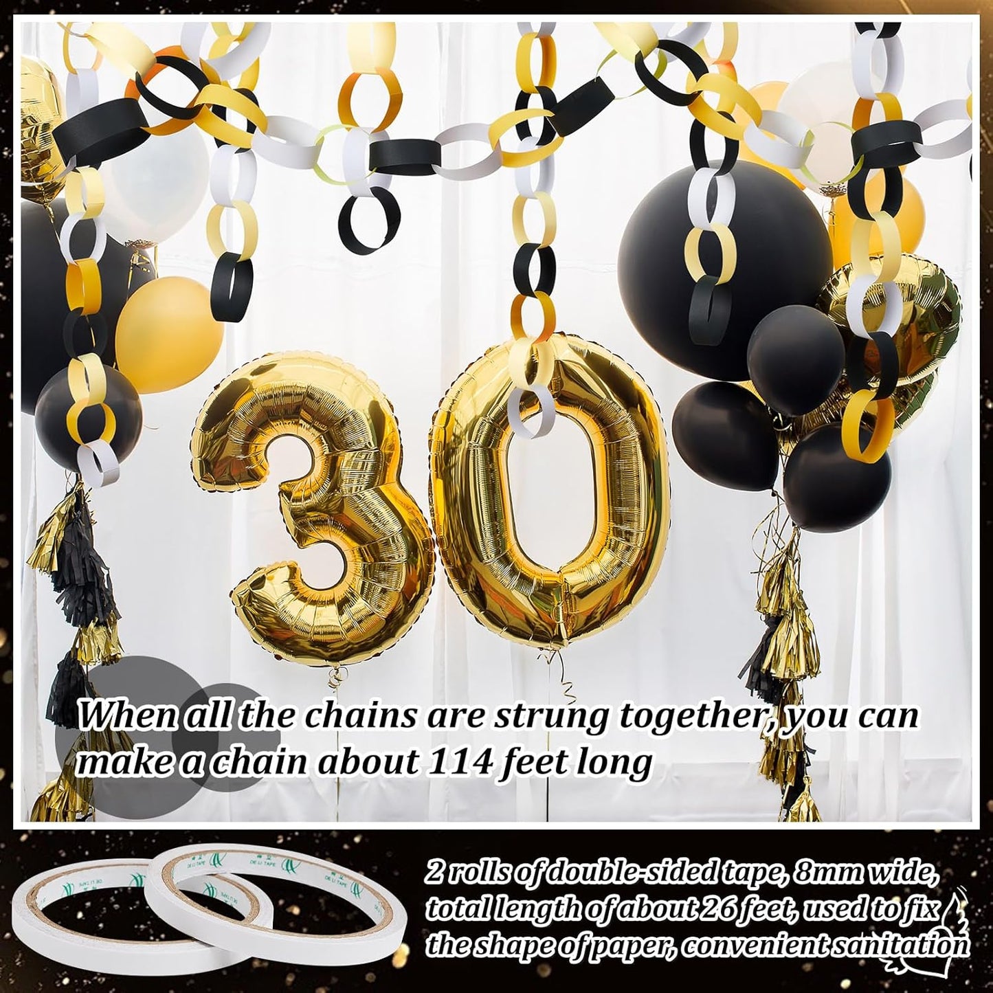 Lincia 600 Sheet Halloween Paper Chain Garland, Construction DIY Crafts Chain Strip for Fall Thanksgiving Party Decor, 1x8 Inch with Double Sided Tape (Black Gold)