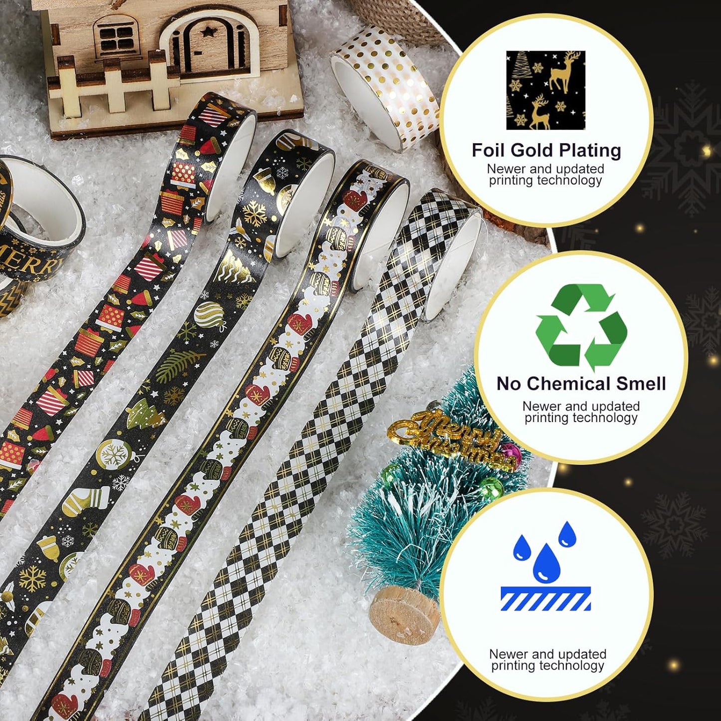 18 Rolls Christmas Washi Tape Holiday Masking Tape Black Christmas Wrapping Tape Glod Silver Foil Decorative Tape for Christmas Scrapbook Journal DIY Craft Gift Wrapping（Xmas Black