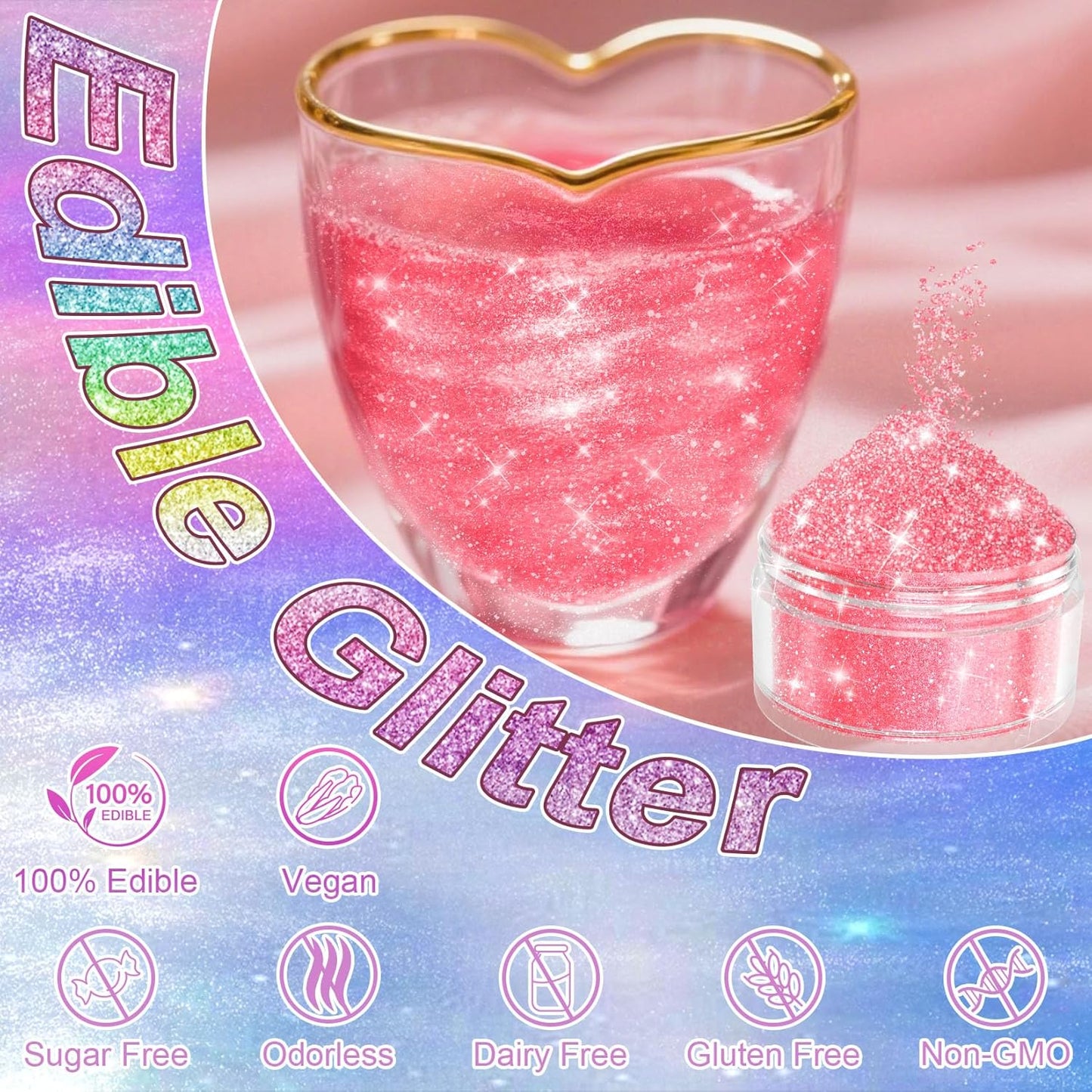 Edible Glitter for Drinks - 20 Glimmer Colors Luster Dust Edible, Food Grade Shimmering Cake Decorating Edible Glitter for Cocktail, Cakes, Chocolate, Strawberries, Beverage, Vegan - 2g/bottle
