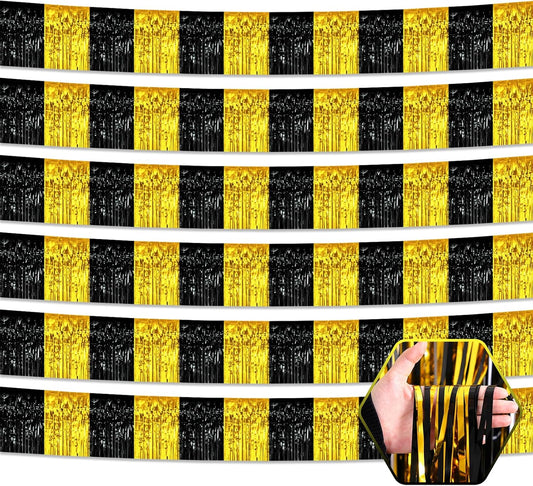 6 Pack 10 Feet Black Gold Foil Fringe Garland Metallic Tinsel Streamers Banner Wall Hanging Curtain Backdrop for Parade Floats, Birthday, Graduate, Mother's Day, Wedding Party Decoration