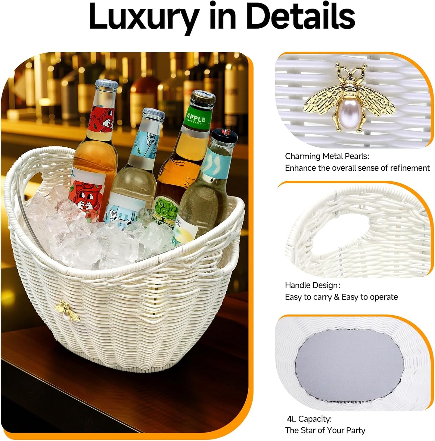 Lexenic Ice Bucket with Handle Hole, Woven and Acrylic Double Layer Basket Design, 4L Champagne Wine Ice Bucket for Cocktail Bar, Parties- Anti Frozen Hands Anti Water Leakage (Plastic-White)