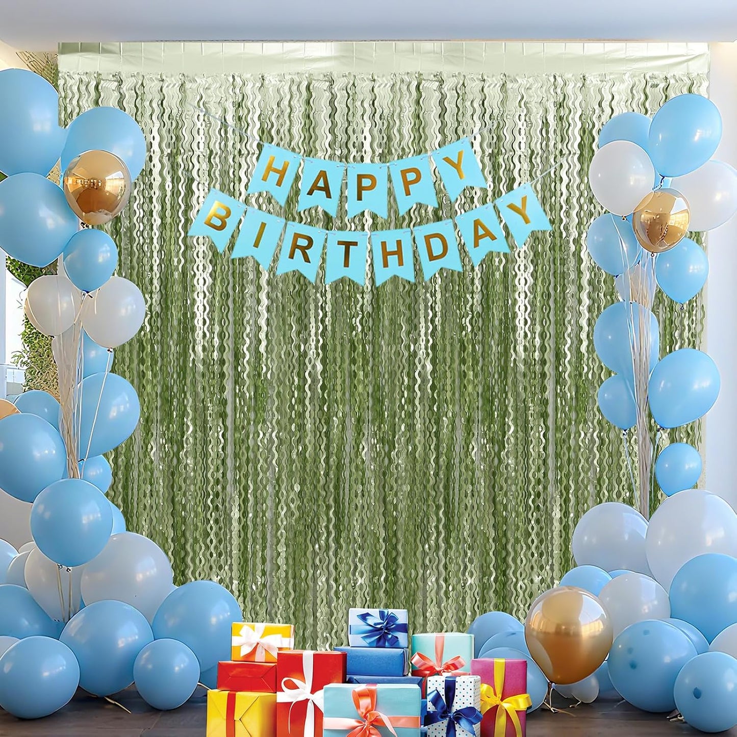 4 Pack Sage Green Wavy Metallic Tinsel Foil Fringe Curtains 3.3x6.6 Feet - Light Green Foil Streamers Backdrop Photo Booth Props for Birthday Wedding Christmas Party Decorations