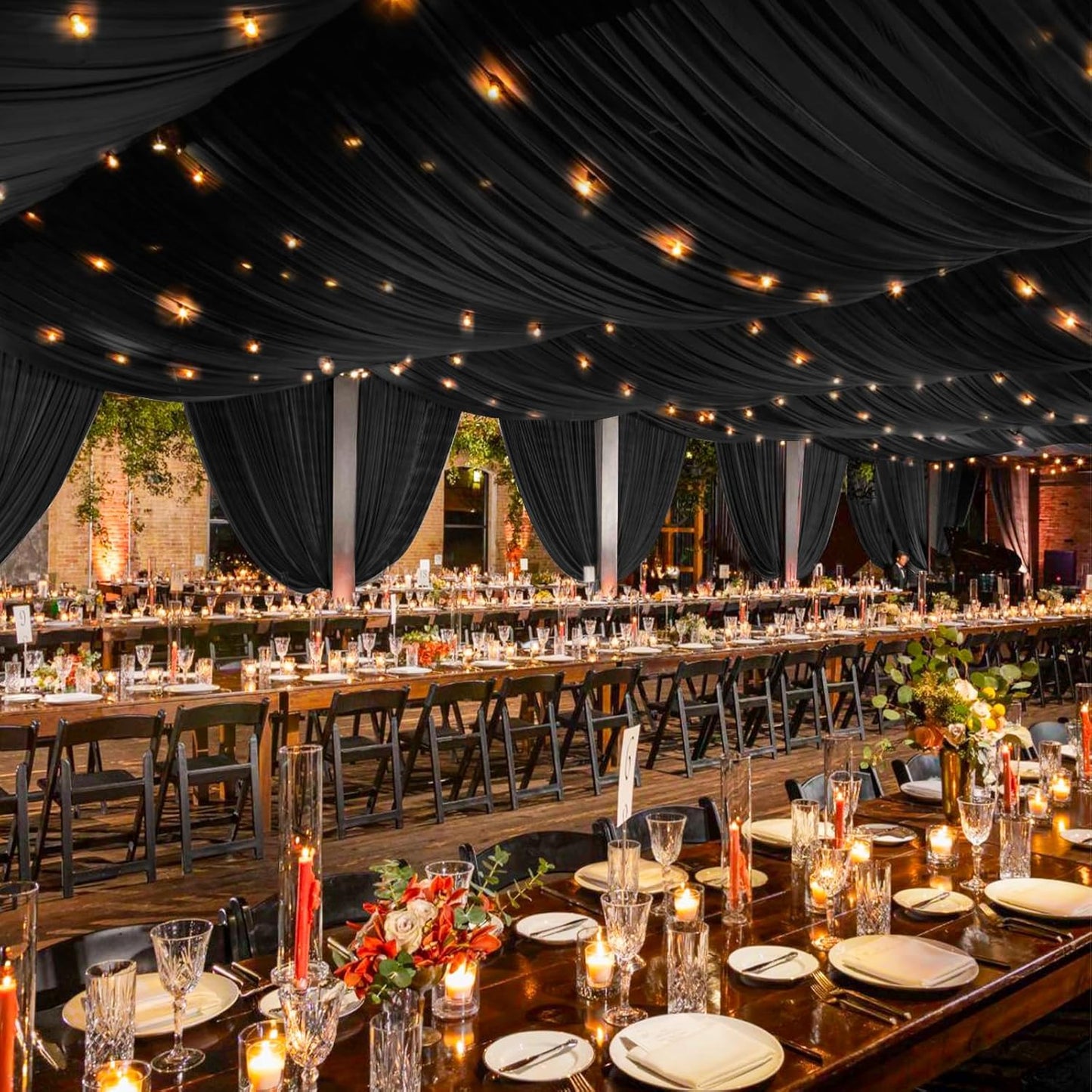 6 Panels Black Ceiling Drapes 5ftx20ft Wedding Chiffon Fabric Arch Draping Sheer Curtains Soft Drapery for Party Ceremony Stage Swag Decorations