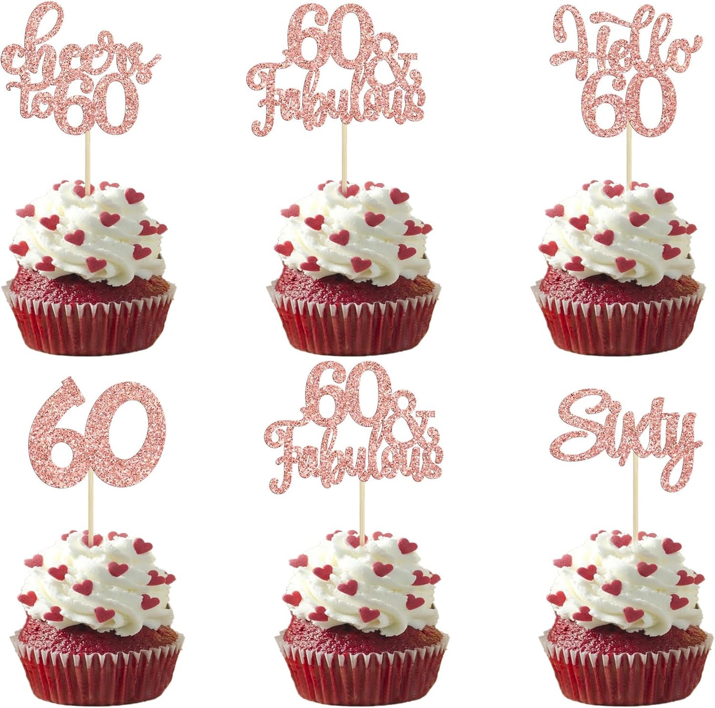 30Pcs Happy 60th Birthday Cupcake Toppers Rose Gold Glitter Sixty Cake Toppers Cheers to 60 Years Old Birthday Cupcake Picks for 60th Birthday Anniversary Party Cake Decorations Supplies
