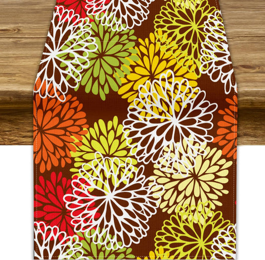 Brown Dahlia Floral Table Runner, Seasonal Autumn Thanksgiving Pattern Print for Home Kitchen Table Decor Dining Coffee Room Party Decor 13x90 Inch