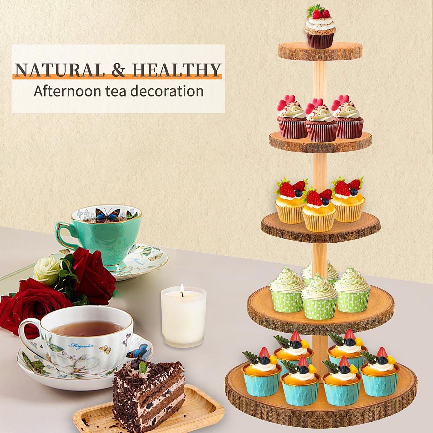 5-Tier Rustic Wooden Cupcake Stand - Large Capacity Display Stand for Woodland Baby Showers, Weddings, Birthdays, Parties, and Farmhouse Decor.