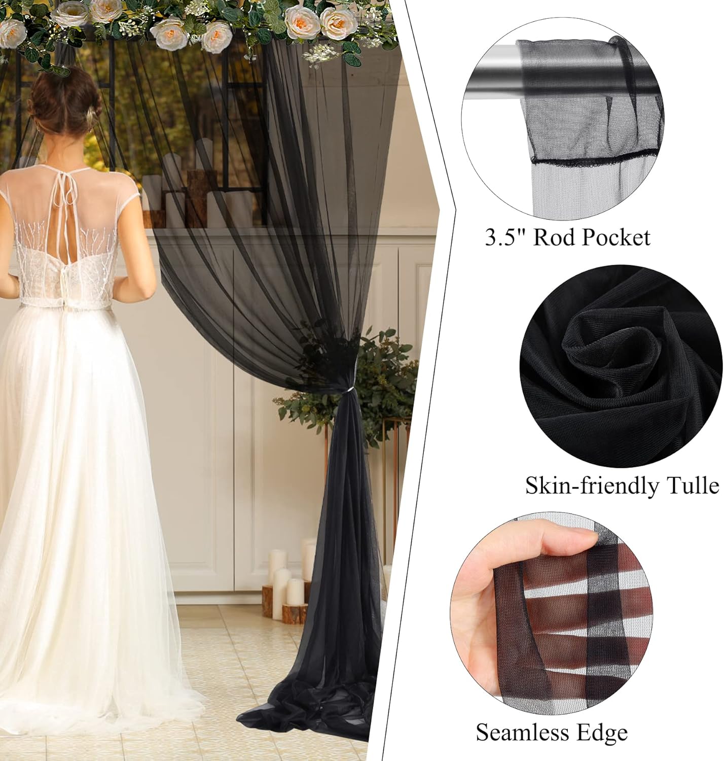 PARTISKY 20ft X 10ft Black Tulle Backdrop Curtain for Parites, Sheer Backdrop Curtains Fabric Drapes for Wedding Ceremony Arch Party Stage Decorations