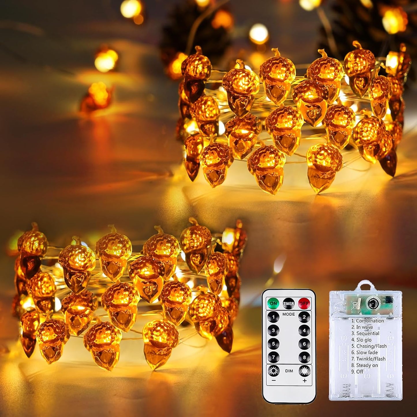 BOSSERN 2 Pack 60LED Thanksgiving Decoration Acorn String Light Battery Operated, 20FT Fall Lights with Remote, Waterproof 8 Modes Fairy Lights for Autumn Harvest Thanksgiving Halloween Decor