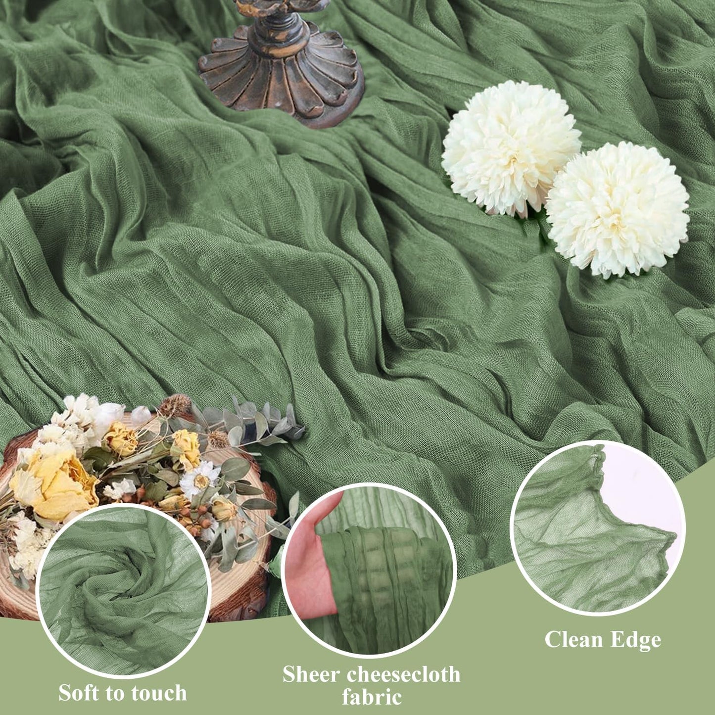 Asee'm 3pcs Cheesecloth Table Runner 120 Inches Sage Green Boho Gauze Cheese Cloth Runner 10FT Rustic Sheer Table Runners for Summer Wedding Baby Shower Holiday Party Decoration