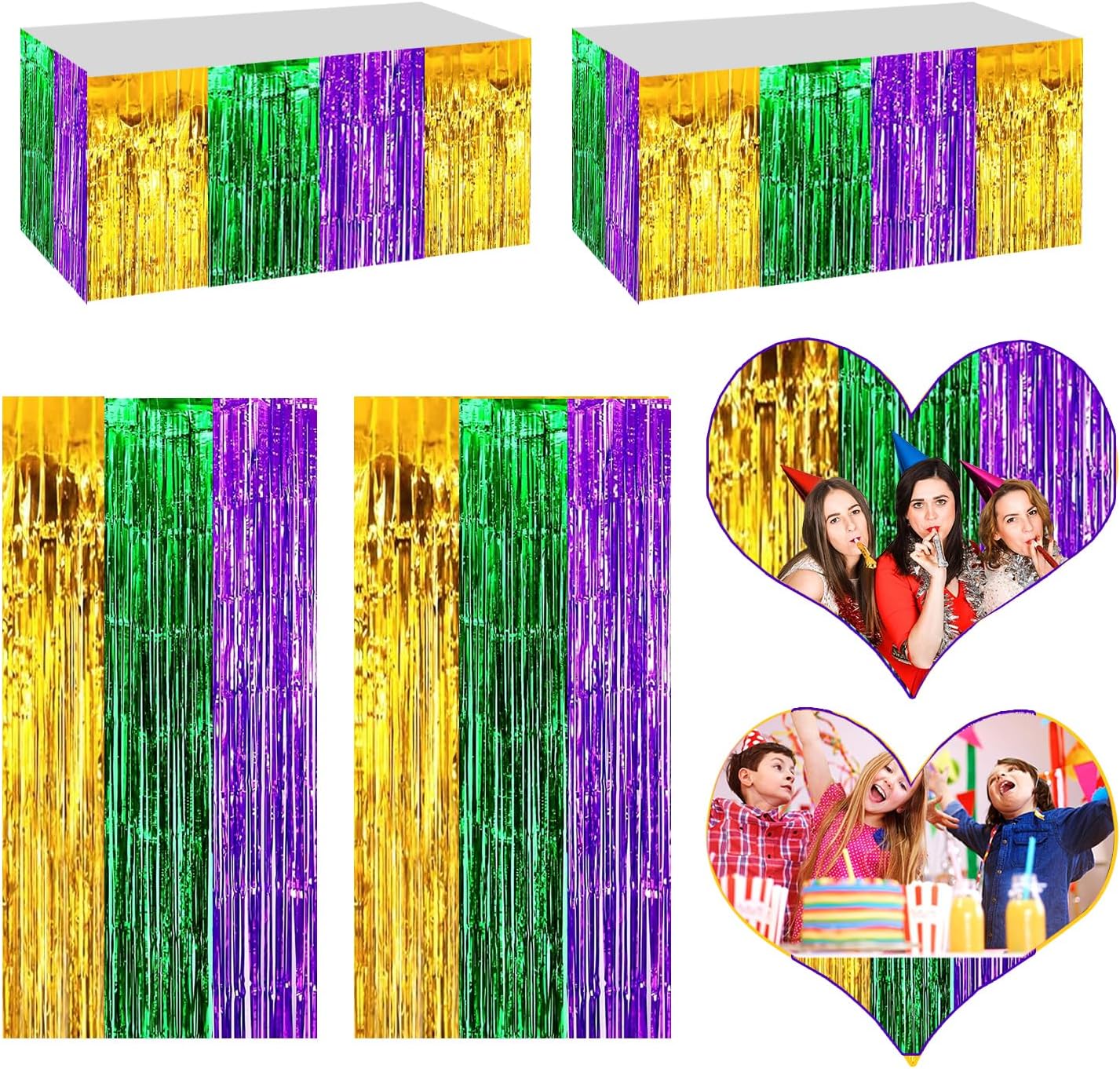 4P Metallic Foil Fringe Tinsel Table Skirts for Rectangle Tables Backdrop Banner Streamer Garland Curtains Parade Floats Wedding Graduation Anniversary Birthday Parties Decoration (Gold Green Purple)