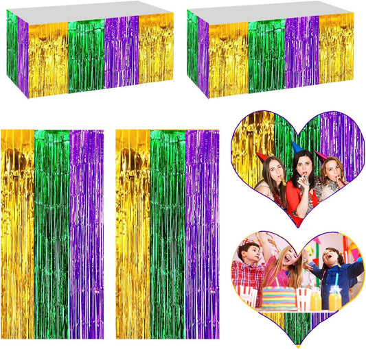 4P Metallic Foil Fringe Tinsel Table Skirts for Rectangle Tables Backdrop Banner Streamer Garland Curtains Parade Floats Wedding Graduation Anniversary Birthday Parties Decoration (Gold Green Purple)