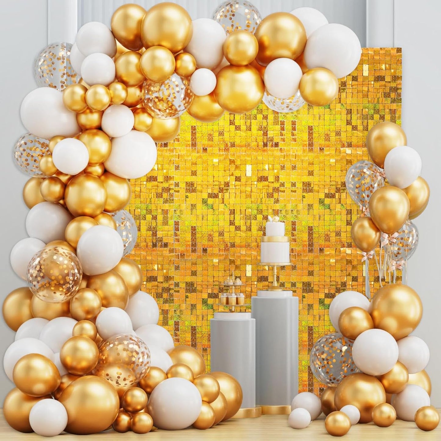 12PCS Gold Shimmer Wall Backdrop, Laser Square Sequin Photo Backdrops Panel, Glitter Wall Background for Birthdays, Weddings, Christmas, Engagements, Disco Bachelorette Party Decoration (3FTx4FT)