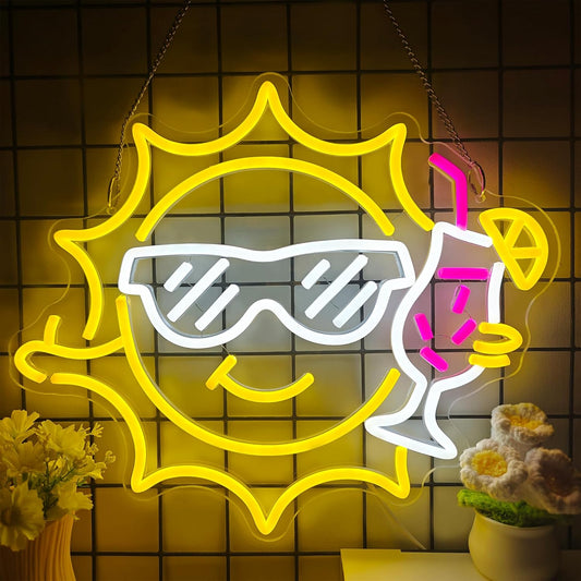 Bar Neon Sign for Wall Decor, Funny Neon Sign for Beach Bar Pub Sandbeach Beverage Shop, Sun Sunglasses Drinks Led Sign with Dimmer, Summer Decoration USB Powered with Switch