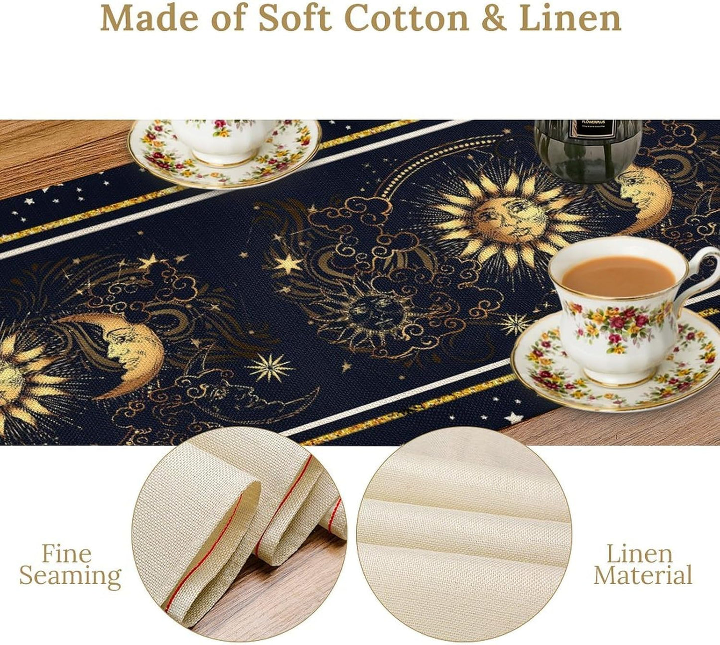 Sun Moon Table Runner, Seasonal Golden Sun Moon Holiday Kitchen Dining Table Runner for Kitchen Living Room Home Party Decor 13x70 Inch