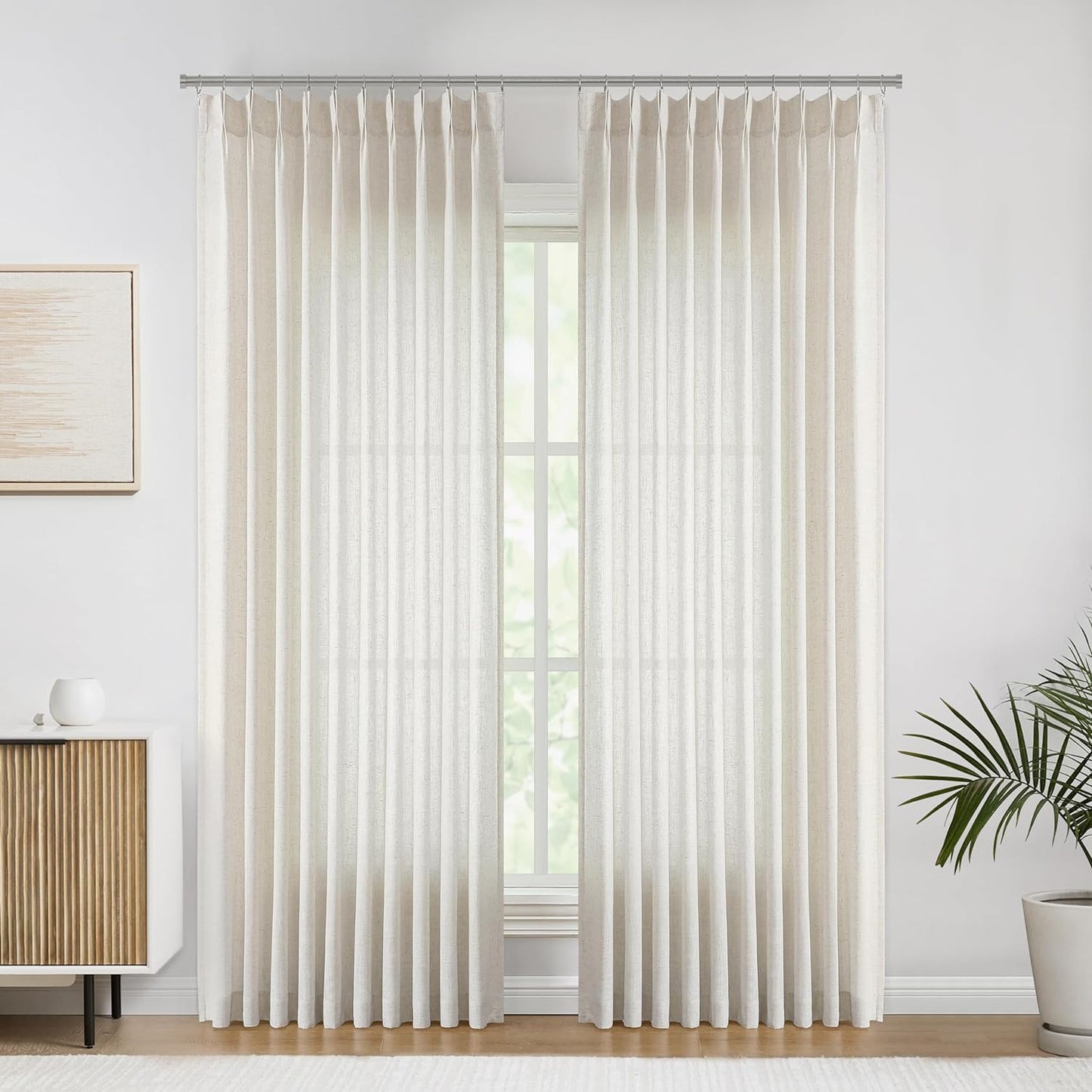 Vision Home Natural Pinch Pleated Semi Sheer Curtains Textured Linen Blended Light Filtering Window Curtains 102 inch for Living Room Bedroom Patio Pinch Pleat Drapes with Hooks 1 Panel 60" Wx102 L