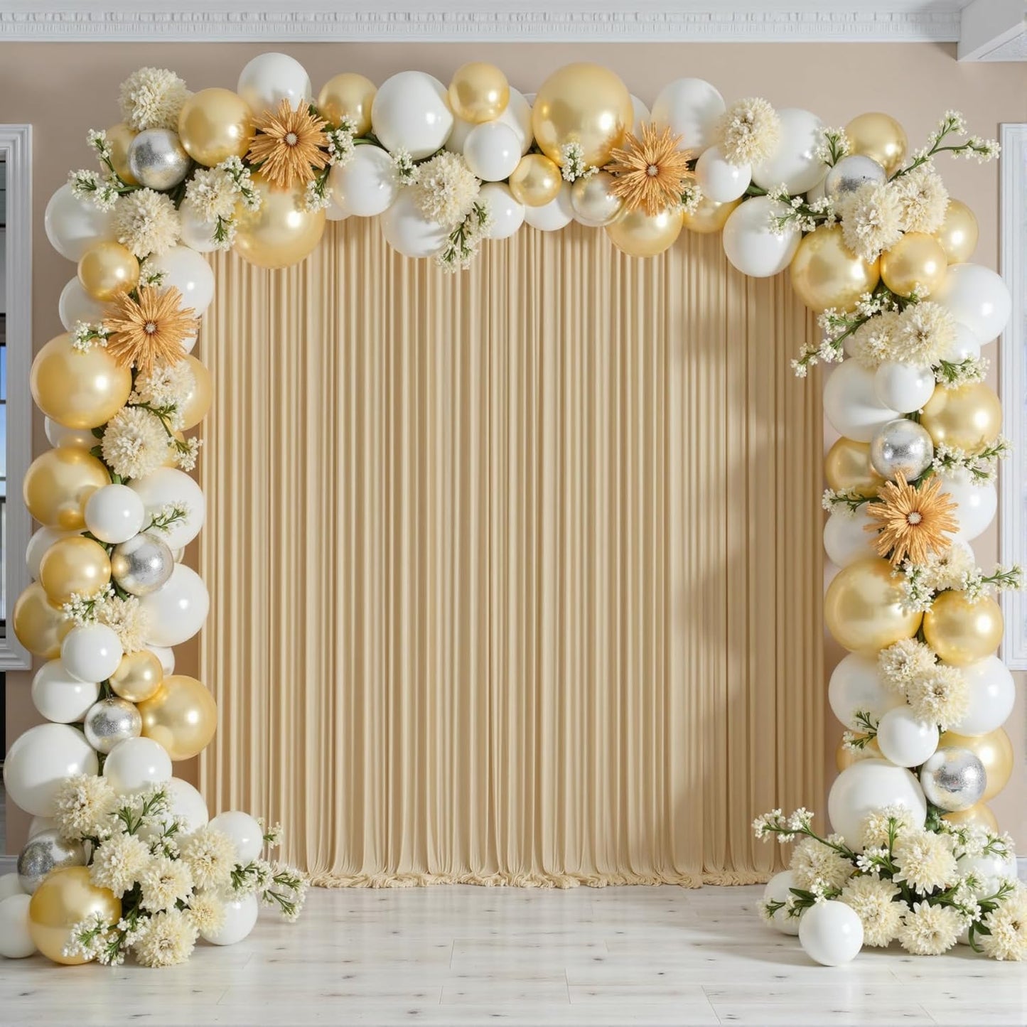 30ftx12ft Wrinkle Free Beige Backdrop Curtain, 6 Panels 12FT Height Beige Wedding Backdrop Drapes, Silky Polyester Back Drop Cloth for Birthday Photography Background Party Backdrop Draping