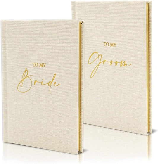 Hard Cover Vow Books (Set of 2) - To My Bride & To My Groom Matching Ivory Pocket Sized Foil Embossed Wedding Ceremony Vow Renewal Speech Notebook Planner, Gift for Bride & Groom Newly Engaged Couple