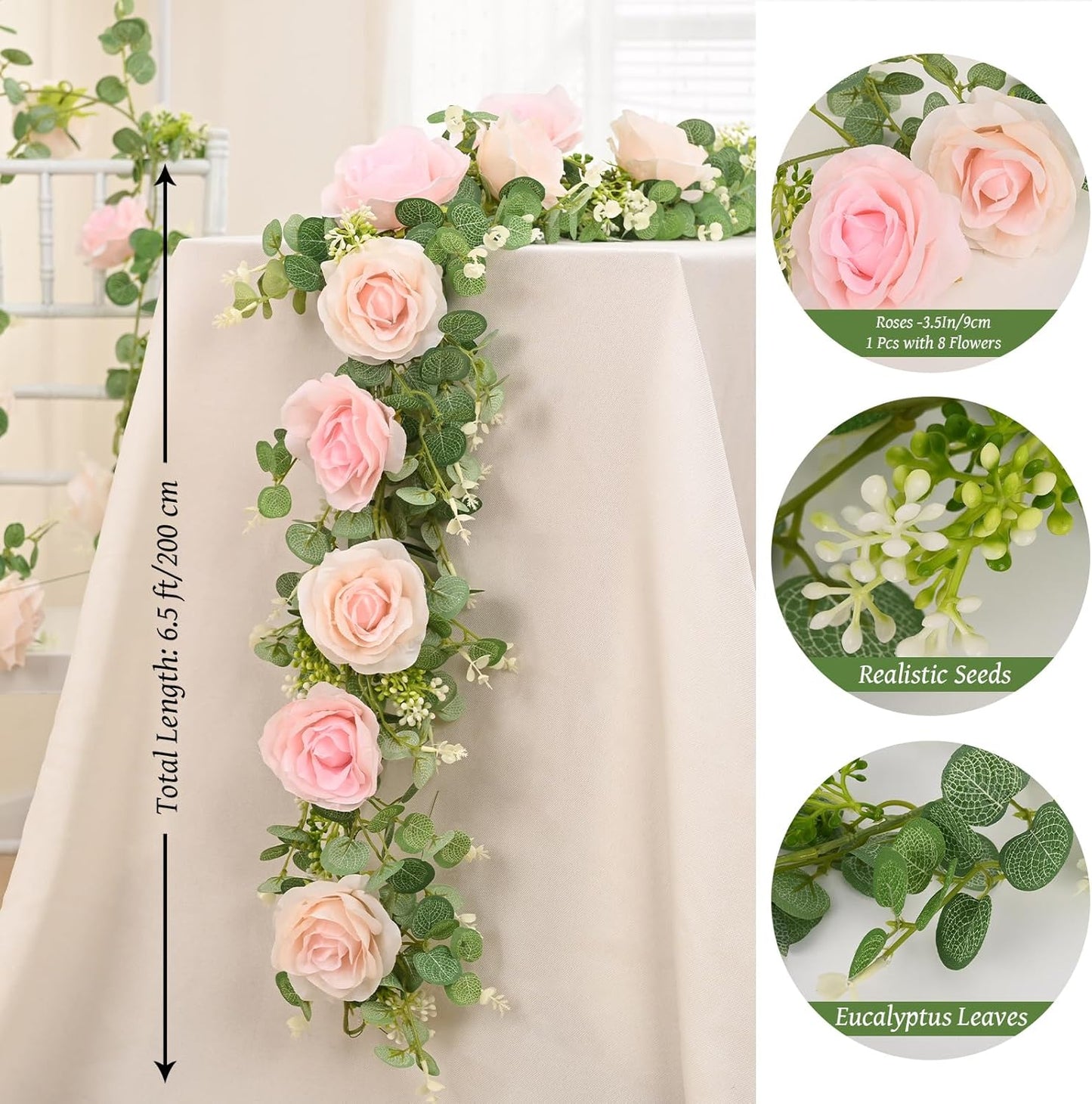 Dolicer 2Pcs 13Ft Artificial Eucalyptus Garlands with Flowers - 8 Roses, Faux Floral Greenery Garlands Fake Flowers Vines for Wedding Table Centerpieces Arch Party Ceremony Backdrop Decor (Pink)