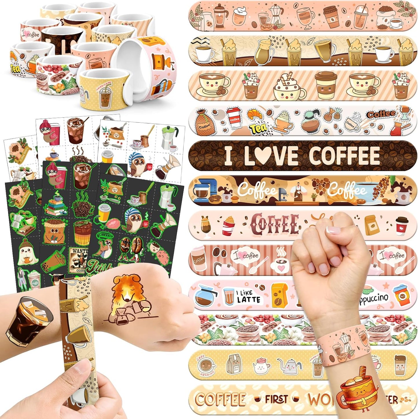 96 PCS Coffee Party Favors Set – 72 Pre-Cut Temporary Tattoos & 24 Slap Bracelets for Kids & Adults, Perfect for Coffee Lovers, Cafés, Birthday Parties & Classroom Rewards
